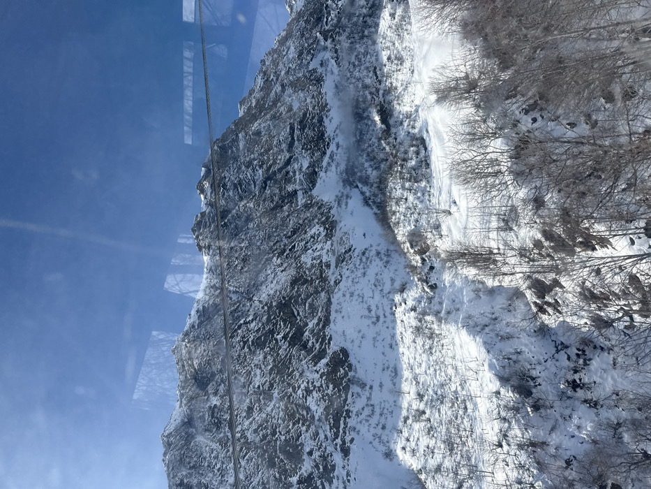 This media file presents a clear, high-angle view of a majestic winter mountain landscape in Alagna Valsesia, Italy. The scene is dominated by a vast, rugged mountain face, heavily covered in snow and ice, occupying the left and central parts of the frame. Dark rock outcrops are visible between patches of deep snow. A prominent cable, likely part of a cable car or ski lift system, runs vertically down the image from the upper left, appearing very close to the mountain.
The sky in the upper left is a brilliant, clear blue, indicating sunny weather. Reflections of internal structures or windows are visible on the glass through which the photo was taken, reinforcing the elevated vantage point, possibly from a cable car. To the right of the mountain, a snow-covered valley or lower slope descends, densely populated with numerous bare deciduous trees, characteristic of a high-altitude winter environment. These trees cast distinct shadows, suggesting bright sunlight during the morning or early afternoon.
No people or specific activities are visible within the frame; the image captures a serene natural vista. The overall impression is one of stark winter beauty, tranquility, and the grandeur of the snow-clad Alps. No text is visible in the image.