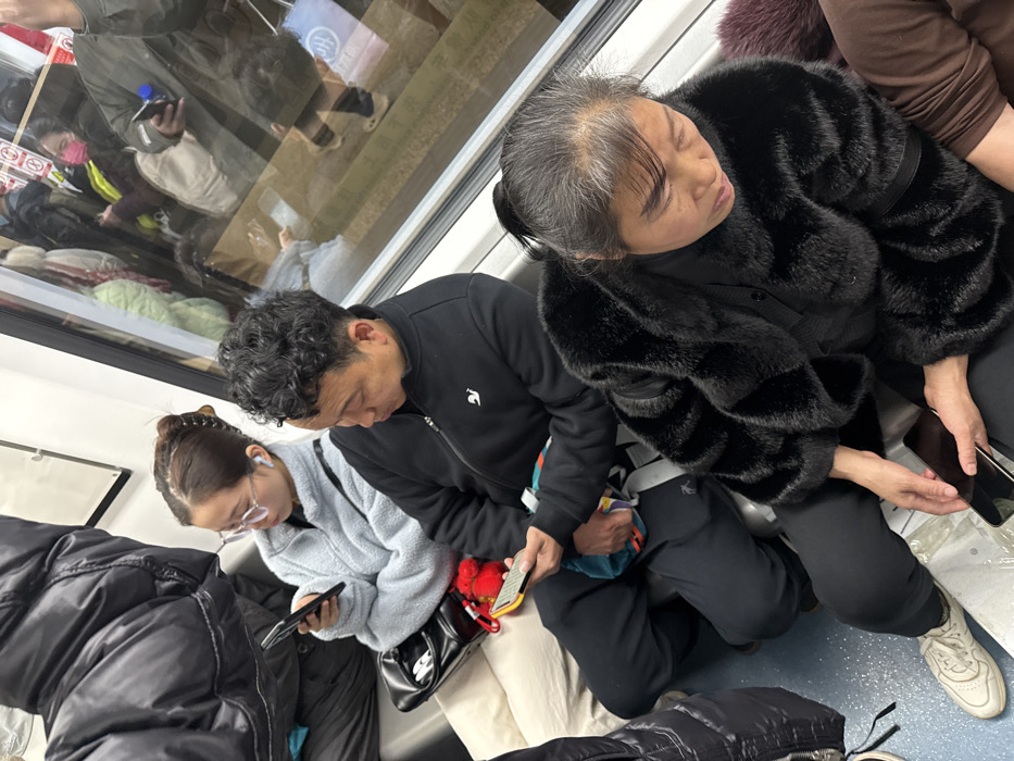 The scene depicts several people riding public transportation, likely a subway or train. An older woman wearing a black fur coat appears to be sleeping. Beside her sits a man in a black jacket looking at his phone. A younger woman wearing glasses and a fuzzy gray sweater is also looking at her phone. Other passengers are visible in the background, along with reflections in the train window. A large black puffer coat is visible in the foreground, taking up much of the left frame.