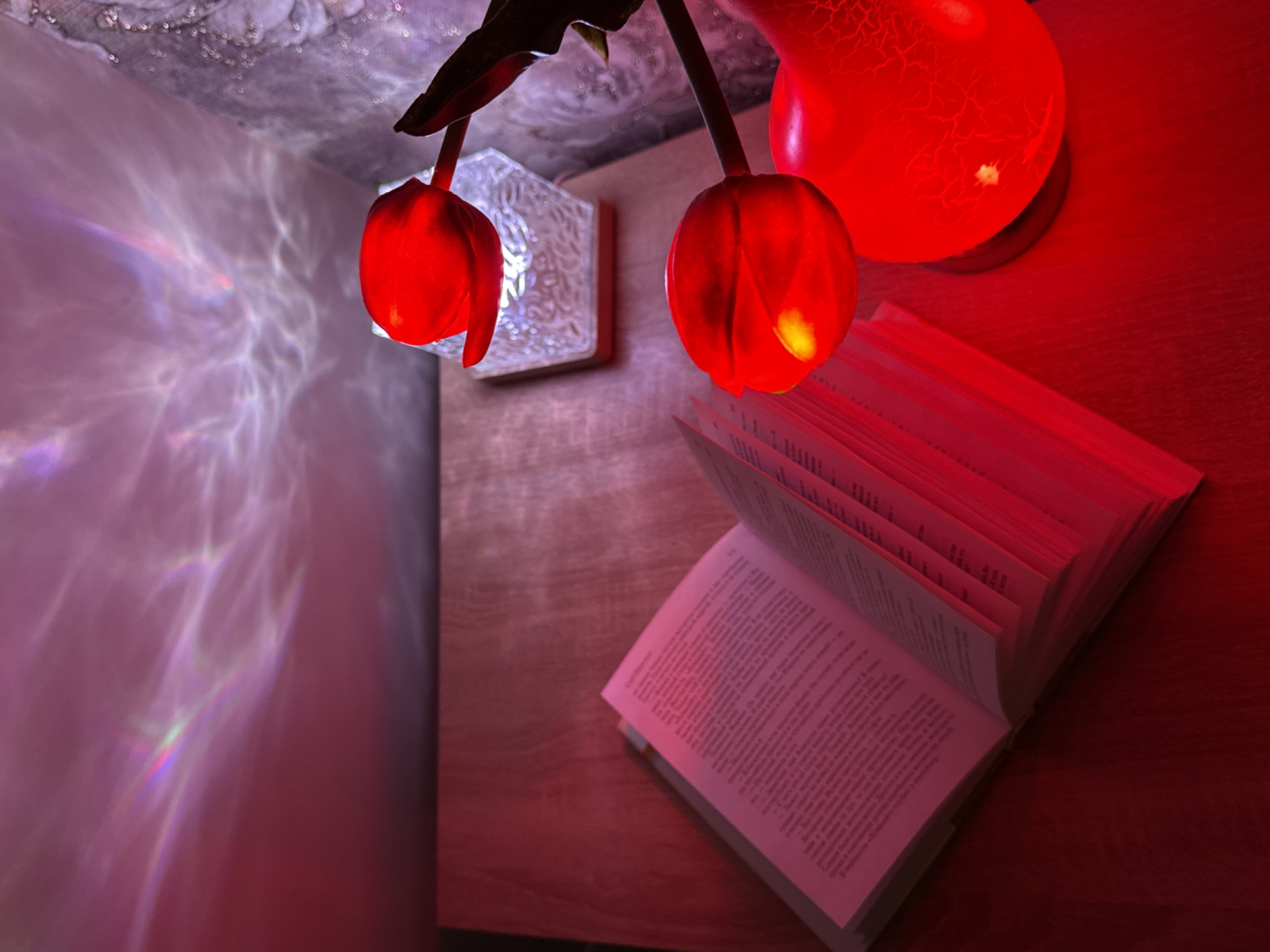 The image depicts a still life composition. An open book with numerous pages sits on a wooden surface. Above the book, there are two red, tulip-shaped lampshades. To the left, a square light fixture is also visible, casting intricate light patterns on the wall. The overall lighting is predominantly red, creating a warm and intense atmosphere. The location is a room, and further details about the city or specific location are not discernible from the image.
