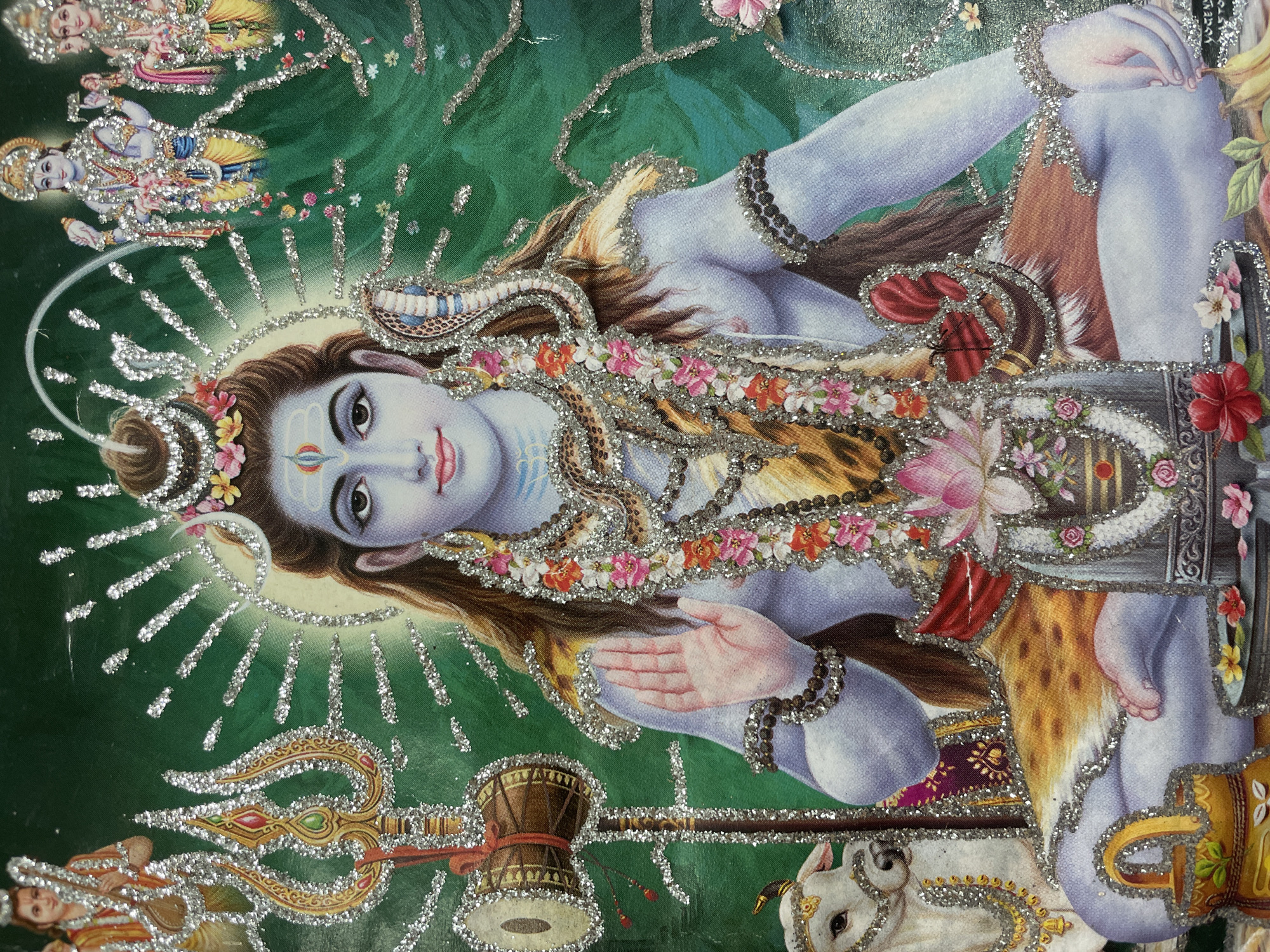 The image is a close-up, full-frame, eye-level photograph of a religious print depicting Lord Shiva. Shiva, a deity from Hinduism, is shown with blue skin, seated cross-legged in a meditative pose against a vibrant green, textured background that suggests foliage or fabric. He has long, dark hair and a third eye on his forehead. He is adorned with elaborate jewelry, including necklaces made of flowers and beads, and a tiger skin draped around his waist. A cobra is coiled around his neck.
To Shiva's left, a white cow, possibly Nandi, his vahana (vehicle), is visible, also adorned with sparkly ornamentation. To Shiva's right, a trident, a prominent symbol associated with Shiva, stands tall, decorated with glitter. In the upper portion of the image, other deities, including what appear to be Lord Vishnu and possibly Brahma, are depicted.
The print is heavily embellished with silver glitter, which catches the light and highlights the details of the figures and their adornments. The glitter is applied in various patterns, outlining the figures, creating halos, and adding a shimmering effect to the jewelry and symbolic elements. The overall impression is one of spiritual grandeur and ornamentation.
The image does not contain any identifiable information or visual cues that would place it specifically within the city of Bhagsu, India.