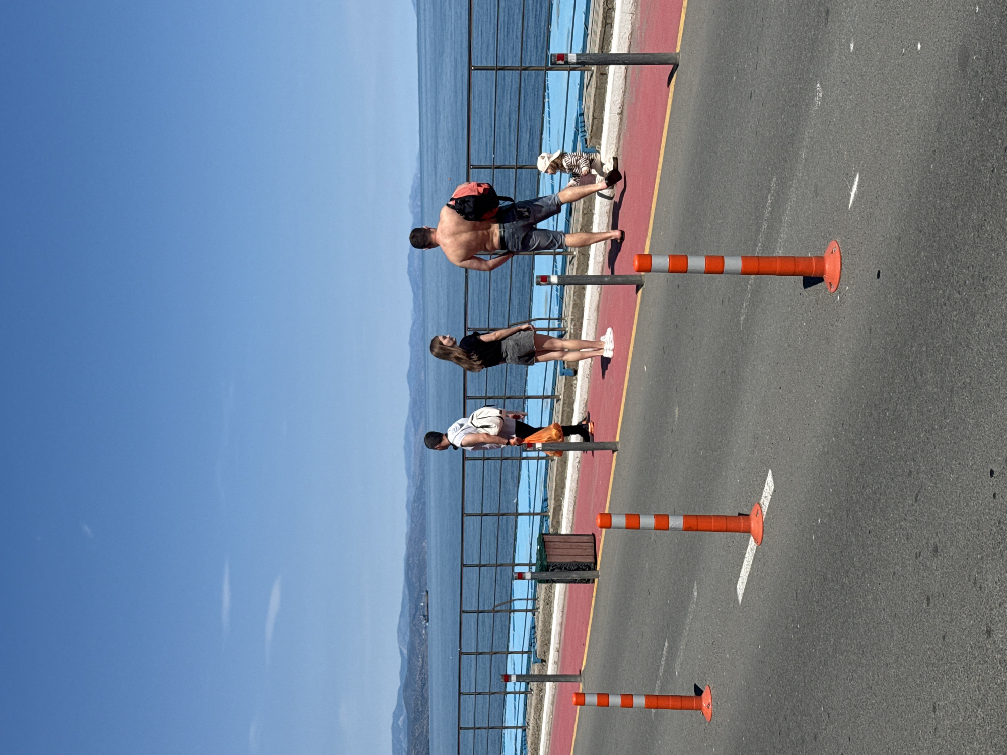 The image captures a bright, sunny coastal scene, likely a promenade or road alongside the sea. The view is from the paved area, looking towards the water, which stretches to a distant landmass or mountains on the horizon.
Several individuals are present, mostly facing the sea. In the middle ground, a shirtless man, wearing dark shorts and carrying an orange backpack, stands near a metal railing. Adjacent to him, a woman with long dark hair, dressed in a dark top and skirt, also gazes out at the water. Behind the shirtless man, a small person or child in a striped outfit and a light hat is visible near the railing. Further down the path, another man, wearing a white shirt, dark pants, and a white shoulder bag, is similarly positioned, looking seaward.
The foreground features an asphalt road with a distinct red-painted section, possibly a cycling or pedestrian lane, bordered by a thin yellow line. Along this edge, several orange and grey striped traffic bollards are regularly spaced. A sturdy black metal railing separates the paved area from a bright blue wall or barrier that runs along the coastline, creating a clear boundary to the sea. A small wooden bin is visible behind the railing. The sky is a vast, cloudless blue, suggesting clear weather conditions, and the strong shadows indicate it is midday or early afternoon. No discernible text is visible in the image. The overall scene conveys a sense of outdoor leisure and enjoyment of the scenic coastal environment.