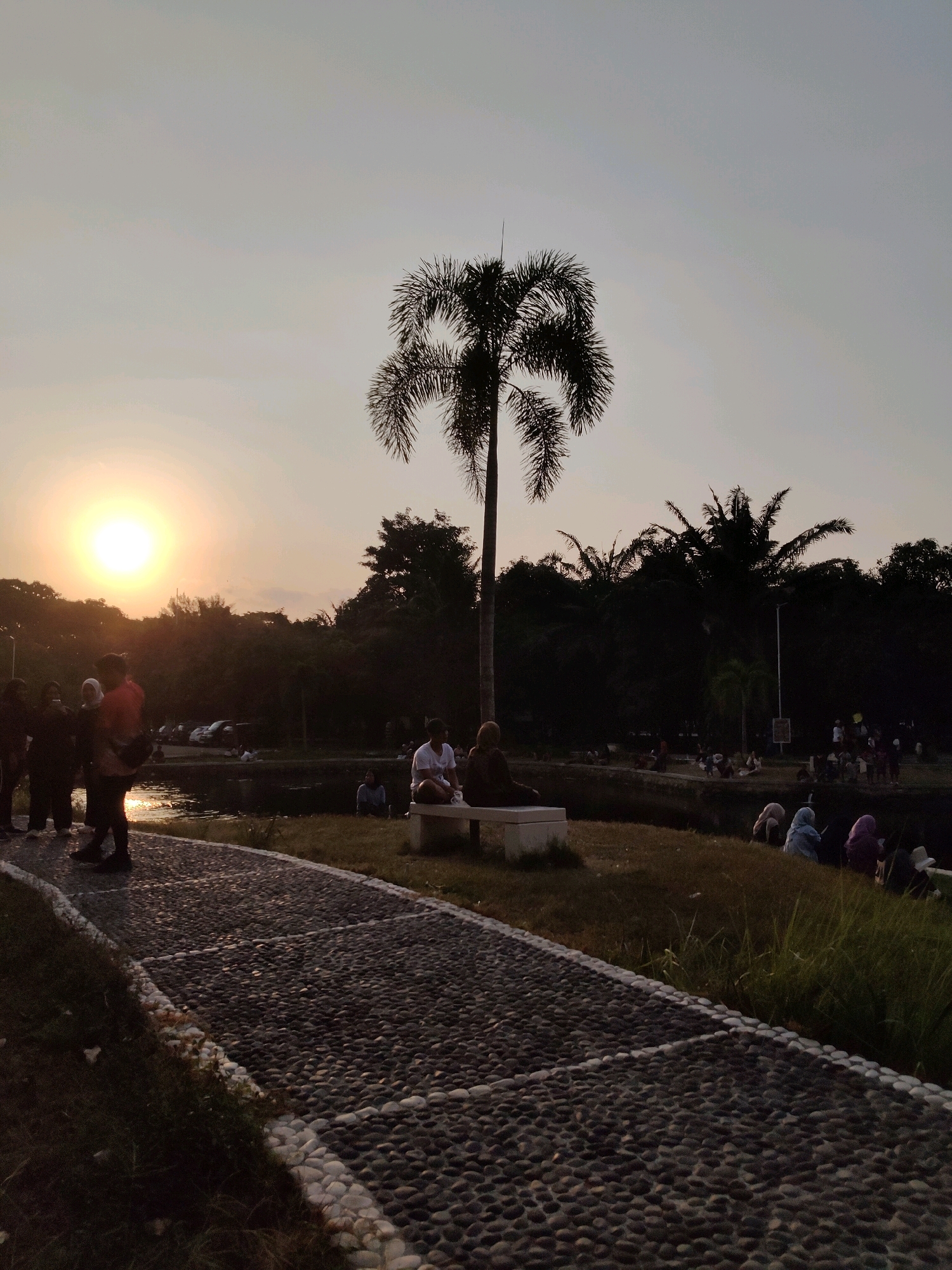 This image captures a serene sunset scene at Taman Mayura, a public park in the city of Mataram, Indonesia. A prominent palm tree stands silhouetted against the soft, hazy sky as the sun, a bright orb of yellow and orange, dips towards the horizon. The warm glow of the sunset reflects on the calm waters of a nearby pond. A textured pathway, made of small, dark stones with a border of white pebbles, leads the viewer into the scene.
Several individuals are scattered throughout the park, enjoying the late afternoon. On the left side, a small group of people, some appearing to be conversing and others posing for photos, stand near the water's edge. Further into the park, a few people are seated on a concrete bench, observing the surroundings. More individuals are dispersed along the grassy bank of the pond, some sitting together, others seemingly relaxing. In the background, a line of dense trees forms a dark silhouette against the sky, with a few cars visible in the distance. The overall atmosphere is peaceful and leisurely, with people gathering to enjoy the natural beauty of the park at dusk.
