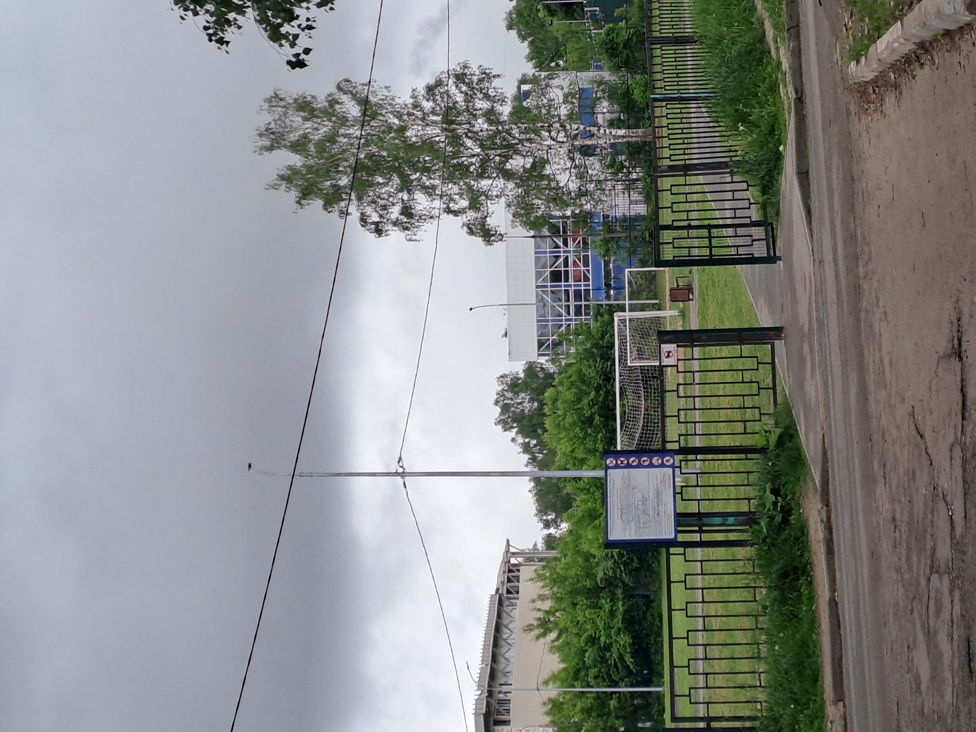 The image depicts an outdoor scene in Elektrostal, Russia, beside what appears to be a fenced sports field. A paved road runs along the edge of the fence, which is constructed of black metal. A soccer goal is visible within the sports field. A sign attached to the fence is partially obscured by vegetation. Buildings can be seen beyond the trees, and utility poles with overhead wires cross the sky. The sky is overcast with grey clouds.