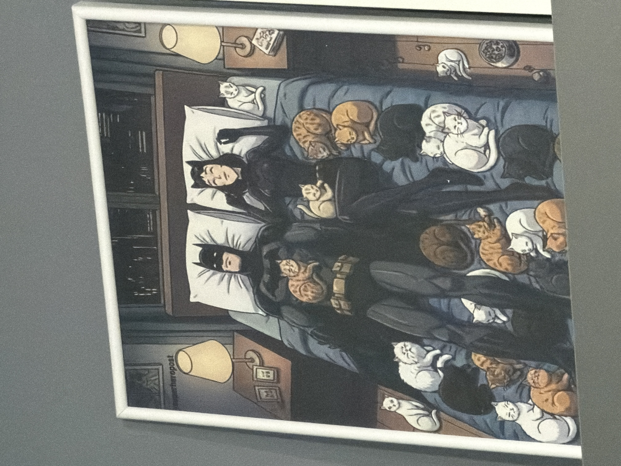The image shows a framed cartoon-style drawing of Batman and Catwoman sleeping in a bed covered in cats. They are each on pillows, dressed in their costumes. There are two bedside tables with lamps and other items, with a window showing city buildings. The image is taken in what appears to be an interior setting. There is no indication of this image being located in Burgas, Bulgaria.