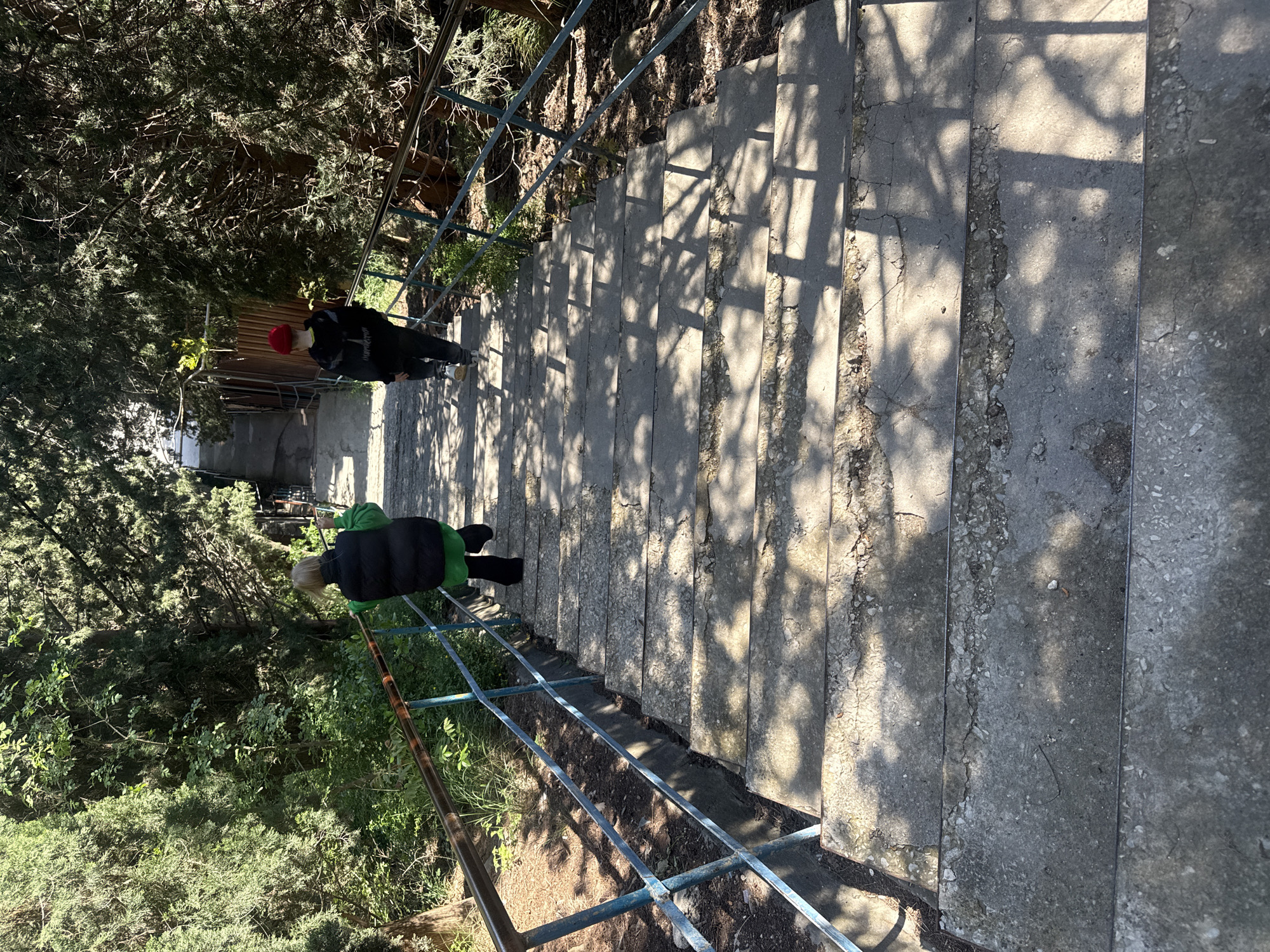 The image shows a downward-facing perspective of concrete stairs with metal railings on either side. Two individuals are visible descending the stairs: one wearing a green jacket and the other a black jacket and red hat. The stairs are cracked and weathered, with shadows cast across their surface. Vegetation is present on both sides of the staircase. The location is unspecified.