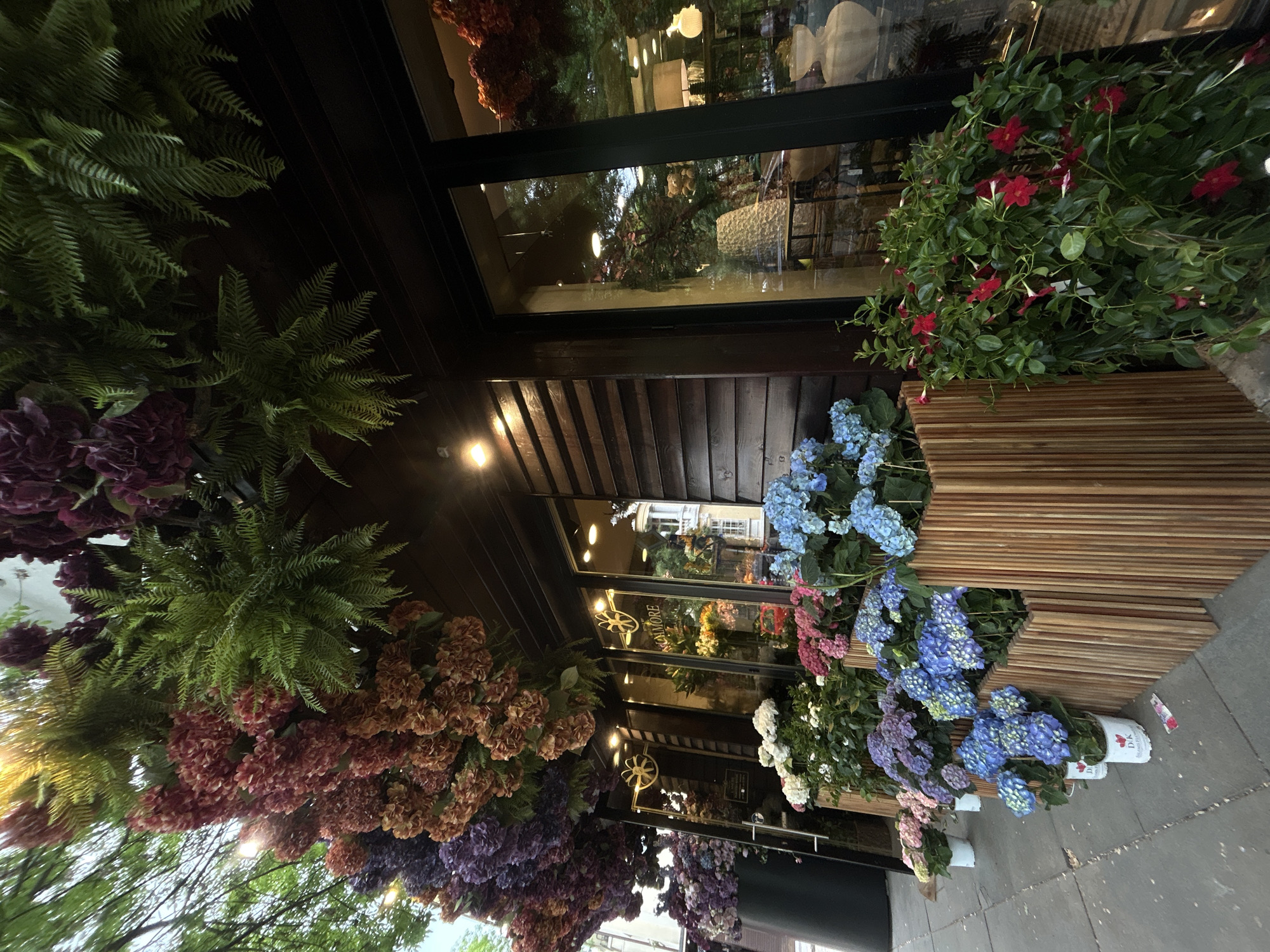 The image captures the exterior of a business in Sofia, Bulgaria, displaying an extensive floral arrangement. The storefront features a dark, wooden facade with large glass windows, possibly revealing the interior of the business. The floral display includes a variety of flowers such as hydrangeas in shades of blue, pink, and purple, along with other colorful blooms like red mandevilla. These are arranged in pots or containers made of wood. Ferns and other greenery cascade from above, adding to the abundance of the floral design. The overall impression is that of a florist shop with a particularly rich and appealing exterior display.