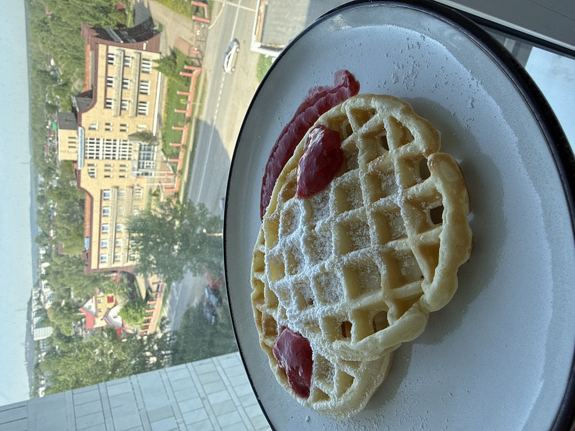 A photograph taken from a high-angle perspective shows a plate of waffles topped with powdered sugar and red jam or fruit preserve. The waffles are stacked, and the toppings are unevenly distributed. The plate is white with a dark grey rim and sits near a window.
Outside the window, a cityscape unfolds, including buildings, trees, and a road. The buildings appear to be a mix of residential and commercial structures. The trees suggest a leafy urban area. A street runs through the scene, with a car visible on it. Based on building architecture and general appearance, the location is identified as Chaikovsky, Russia.