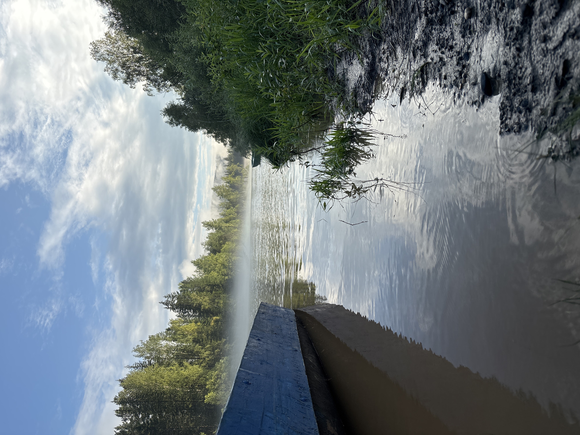The image depicts a serene river scene on a cloudy day, likely in or near the city of Korotovo, Russia. A blue rowboat rests on the muddy bank to the left, its reflection distorted on the water's surface. The river, appearing calm, is partially shrouded in mist, especially in the distance where a line of trees borders the far bank. Lush green vegetation lines the right bank, with tall grasses and scattered rocks indicating a natural, undeveloped area. The sky above is a mix of blue and white clouds, with sunlight filtering through, creating a soft, diffused light. No people are visible in the frame.