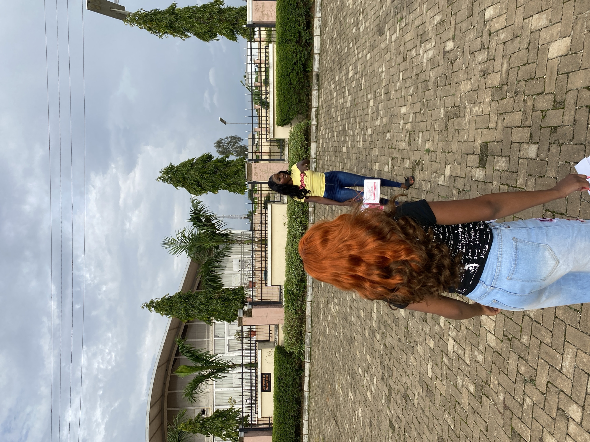 In Barakin Lerawi, Nigeria, two young women are visible on a paved outdoor area. The woman in the foreground, with vibrant orange hair, is seen from behind, wearing a black t-shirt and light-wash jeans. She is holding a white paper bag in her right hand. The second woman, facing forward, has long black hair and is wearing a yellow t-shirt and blue jeans. She is holding two white paper bags and appears to be gesturing with her right hand. Behind the women, a building with a curved roof and large windows is partially visible, flanked by tall trees and manicured bushes. A black metal fence separates the paved area from the building's facade. The sky above is overcast with scattered clouds.