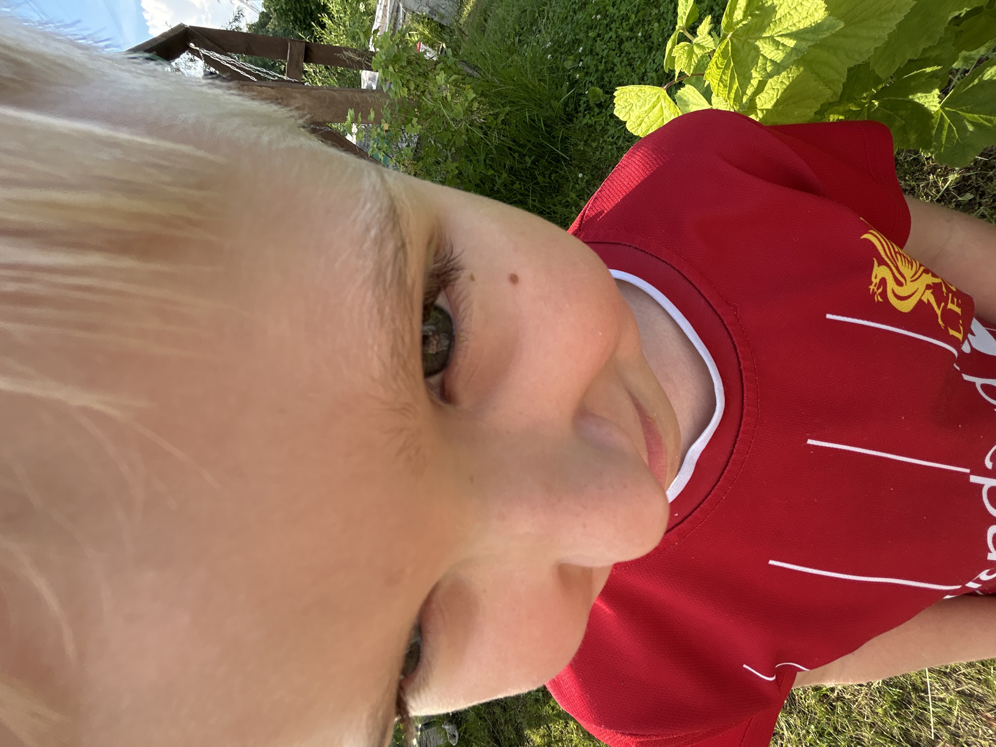 A close-up, low-angle shot shows a young Caucasian child with blonde hair, wearing a red t-shirt with white stripes and a yellow emblem. The child's face is the main focus, with eyes looking slightly away from the camera and a small mole on the cheek. The background consists of lush green foliage, a wooden structure, and a bright blue sky with scattered clouds, suggesting an outdoor setting. The lighting indicates it is daytime, likely sunny. The specific location in Chaikovsky, Russia cannot be determined from the image alone.