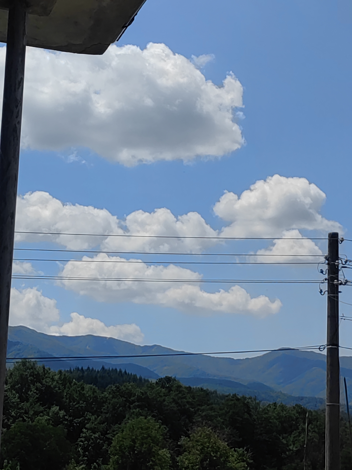 The image displays a landscape scene in Djerovo, Bulgaria, captured on a sunny day. The foreground features a dark, vertical pole on the left and a utility pole on the right, supporting multiple overhead wires. Behind the wires, a dense green forest is visible, leading into a series of undulating mountain ranges receding into the distance. The sky is a bright blue, punctuated by fluffy white cumulus clouds. The upper left corner of the frame shows a portion of an overhanging concrete structure.