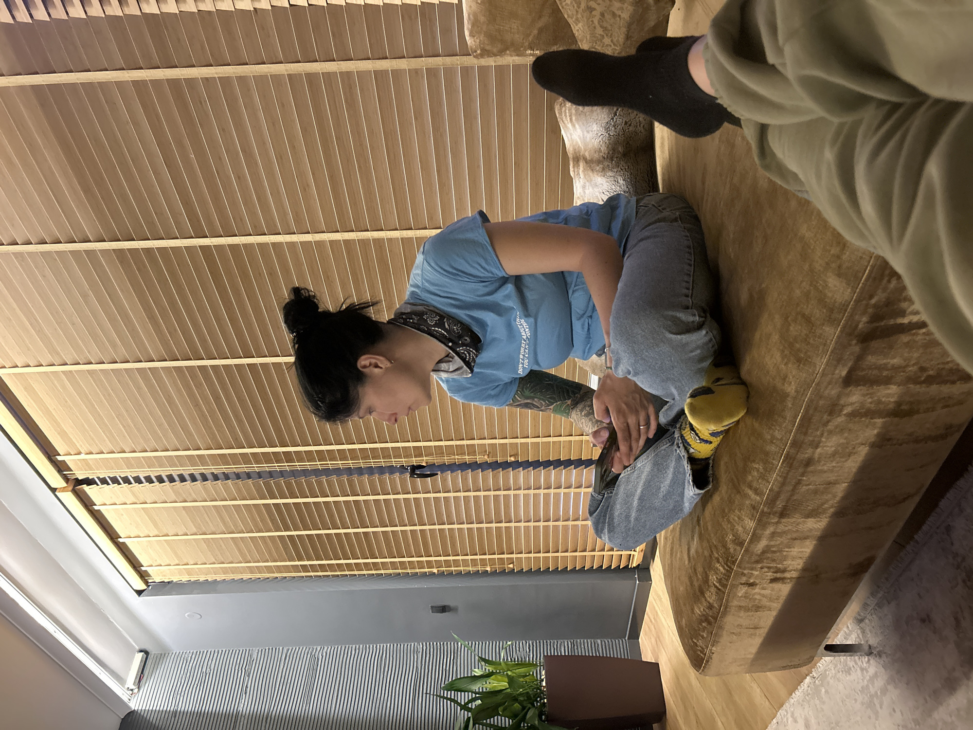 A woman is sitting on a brown velvet sofa in an indoor setting. She has her hair in a bun, is wearing a blue t-shirt and jeans, and has tattoos on her arm. She is looking down, appearing focused on something in her hands. The person in the green pants and black sock is only partially visible. A plant sits in a brown pot in the bottom center of the frame. The setting includes slatted blinds, light grey walls, and a striped design. The location is potentially Sofia, Bulgaria.
