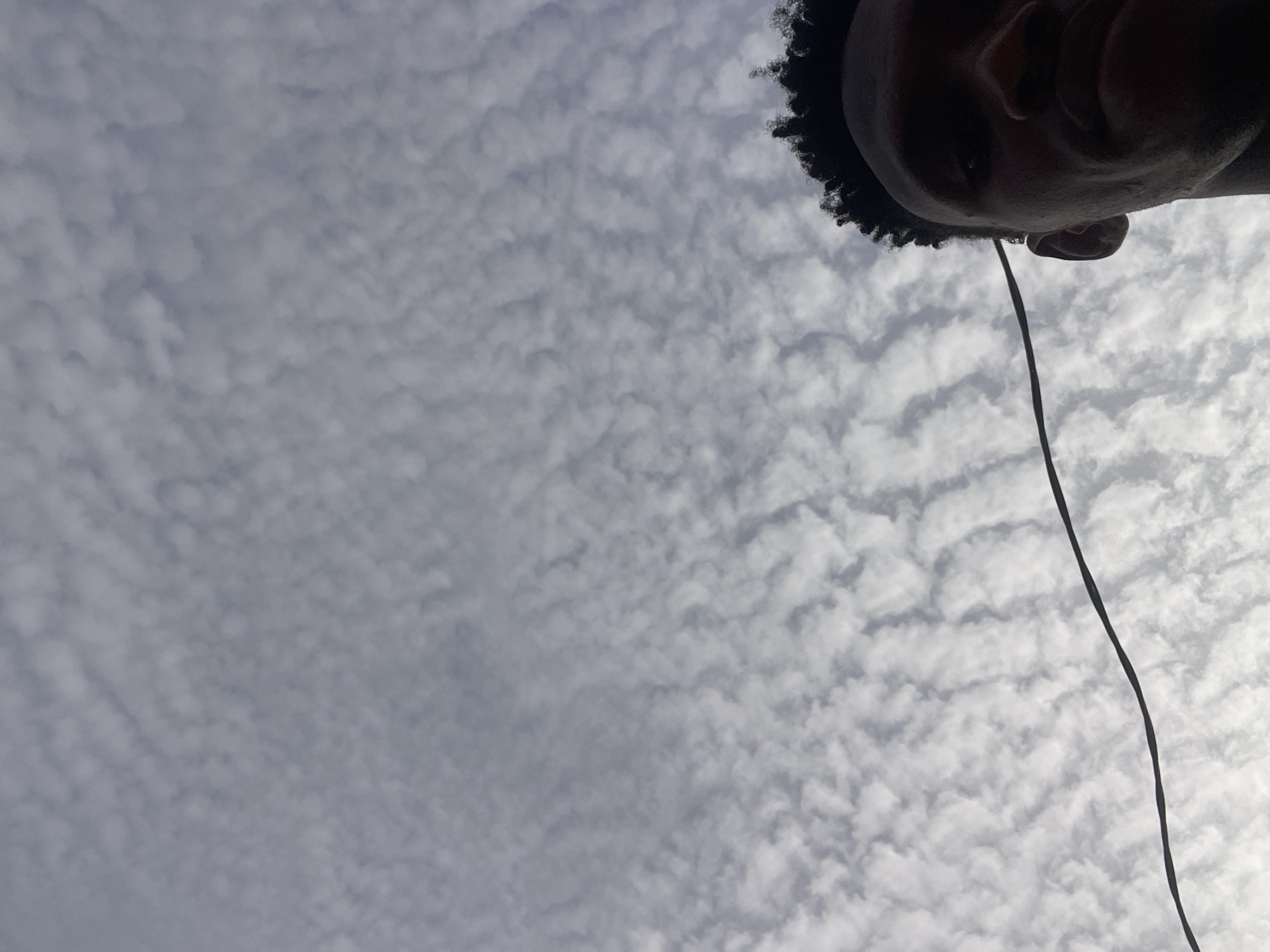 This image captures a low-angle perspective looking upwards towards a cloudy sky, with a person's head partially visible in the top right corner. The subject, a person with dark skin and curly black hair, is seen from the side, revealing part of their forehead, eye, and ear. A black cord, likely from an earphone, extends downwards from near their ear, cutting across the sky.
The dominant feature of the scene is the sky, which is entirely covered in a dense pattern of small, scattered white and light grey clouds. These clouds exhibit a textured, ripple-like formation, typical of altocumulus or stratocumulus clouds, creating a "mackerel sky" effect. The lighting is diffuse and even, suggesting an overcast daytime scenario without direct sunlight.
The activity appears to be a casual observation of the sky, possibly while being outdoors in Lokoja, Nigeria, as provided by the location context. The partial framing of the face suggests a personal viewpoint, perhaps a selfie or a spontaneous capture of the overhead view. No specific emotions are discernible from the limited view of the face. There is no visible text in the image. The overall mood is one of calm observation on a cloudy day.