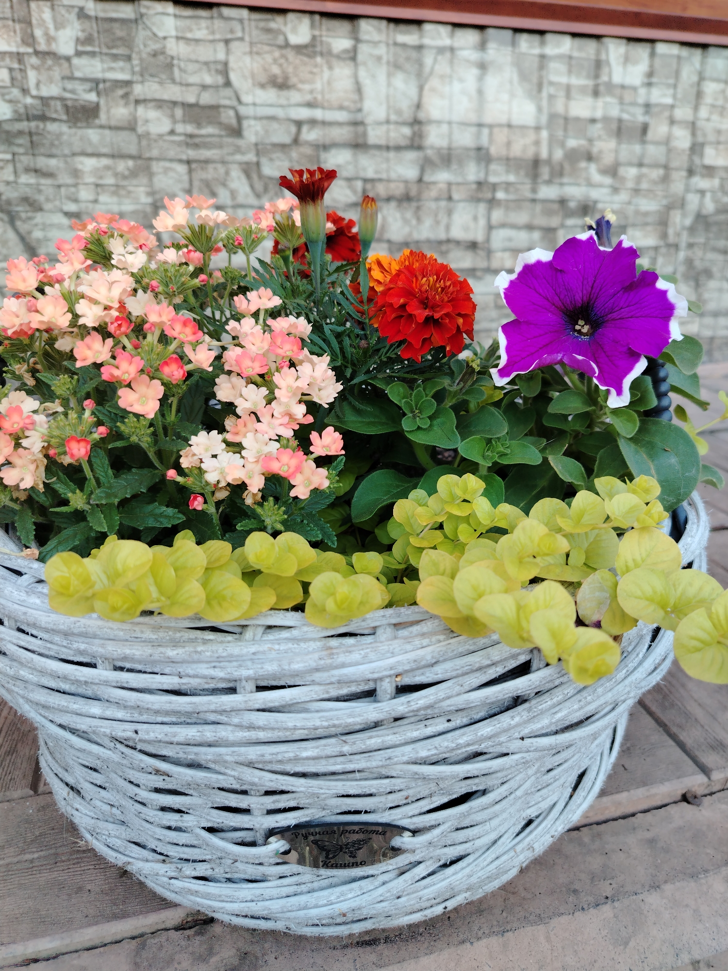 A close-up, eye-level outdoor shot shows a white wicker basket filled with a variety of flowers and foliage. The basket is positioned on a wooden surface, and a stone-patterned wall forms the background.
The flowers in the basket include clusters of small, light pink and peachy-pink flowers with green stems and leaves, likely verbena. To their right, a vibrant red marigold is prominent, with a bud of the same flower visible behind it. Further to the right, a large, deep purple petunia with a white ruffled edge is in full bloom. Trailing over the front edge of the basket are bright lime-green, small-leafed plants.
A small, oval, metal tag with an embossed butterfly and text in Russian is attached to the front of the wicker basket. The wicker itself appears weathered and slightly dusty. The wooden surface beneath the basket is composed of planks. The stone wall in the background is constructed of rectangular grey and tan stones with visible mortar lines. The overall scene suggests a decorative outdoor setting.