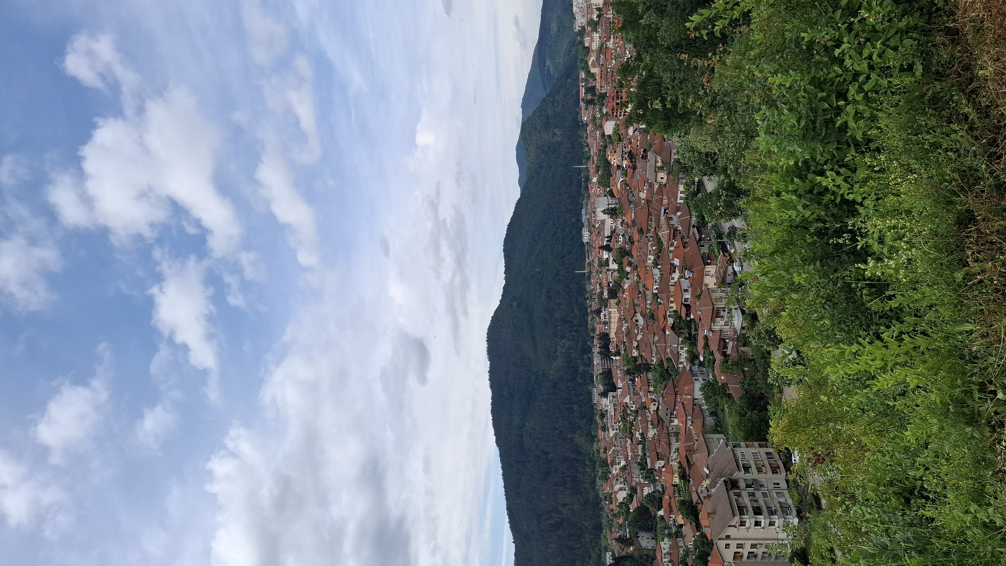 The image captures an elevated, panoramic view of the city of Etropole, Bulgaria, with a large, forested mountain dominating the background. The foreground is filled with lush, green foliage, suggesting an outdoor viewpoint. Below the foliage lies a dense urban landscape characterized by a sea of terracotta-tiled roofs, indicative of traditional residential architecture. Interspersed among the houses are taller, modern apartment buildings, one of which is prominently visible on the left side of the frame, featuring a light-colored facade and multiple balconies. Streets wind through the city, with a few cars visible. The sky above is partly cloudy, with patches of blue peeking through. The overall impression is that of a town nestled within a natural, mountainous environment.