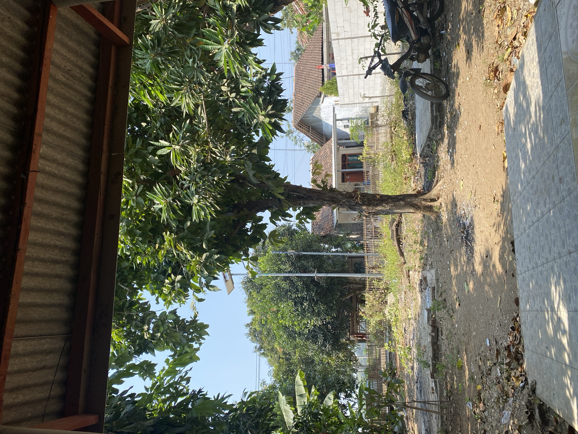 The image depicts an outdoor scene, likely in a rural or semi-urban area of Karawang, Indonesia, characterized by a clear sky and bright daylight. In the foreground, a portion of a tiled patio is visible, with dappled sunlight casting shadows. Beyond the patio, the ground is a mix of dirt and dry leaves. A single tree trunk stands prominently in the mid-ground, with lush green foliage obscuring parts of the sky.
Further back, a rustic wooden fence borders a yard. A solar-powered street lamp stands beside the tree. In the background, two residential houses with tiled roofs are visible. One house is light-colored with a red door, and the other appears to be a two-story structure. A low white concrete block wall separates the houses from the yard. To the right, a motorcycle is parked, facing left, with its front wheel turned. The environment appears somewhat unkempt, with scattered debris and vegetation. The overall impression is of a residential setting on a sunny day.
