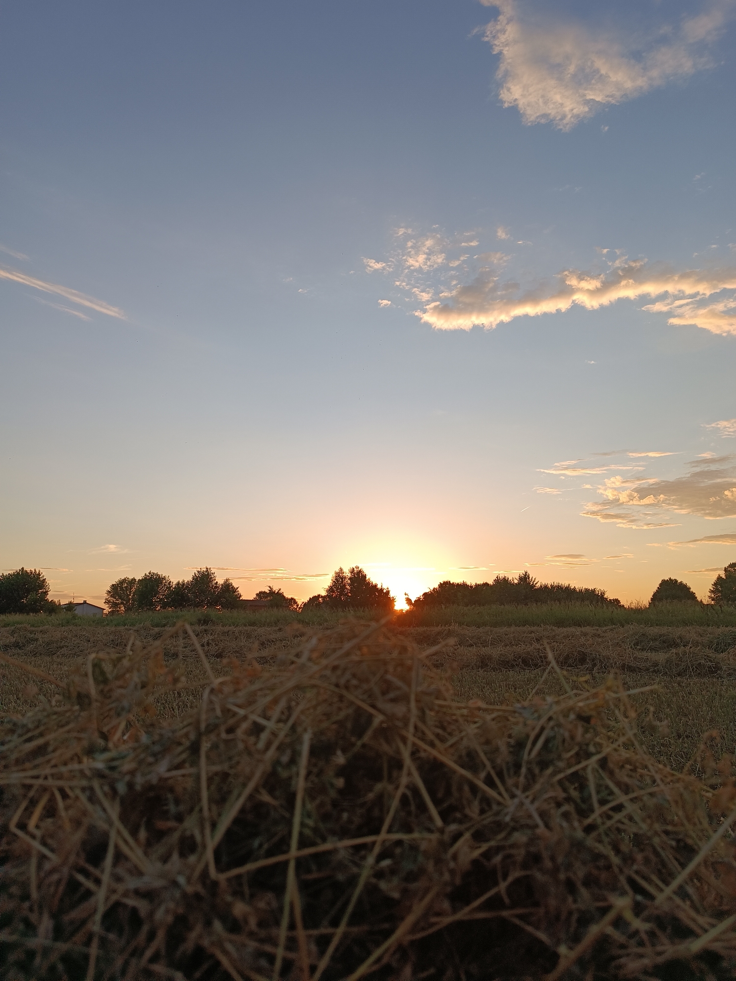 The image captures a rural landscape at sunset, likely in the vicinity of Viadana, Italy, given the context. The foreground is dominated by a blurry pile of dry hay or straw, suggesting a harvested field. Beyond the hay, a flat expanse of field stretches towards a treeline that forms the horizon. The setting sun is positioned just above the treeline, casting a warm, orange glow across the sky. Wispy clouds are scattered across the pale blue sky, tinged with the colors of the sunset. A few scattered trees are visible within the treeline, and a hint of a building with a red roof can be seen on the left side of the horizon. The overall atmosphere is serene and tranquil, indicative of an end-of-day scene in a rural setting.