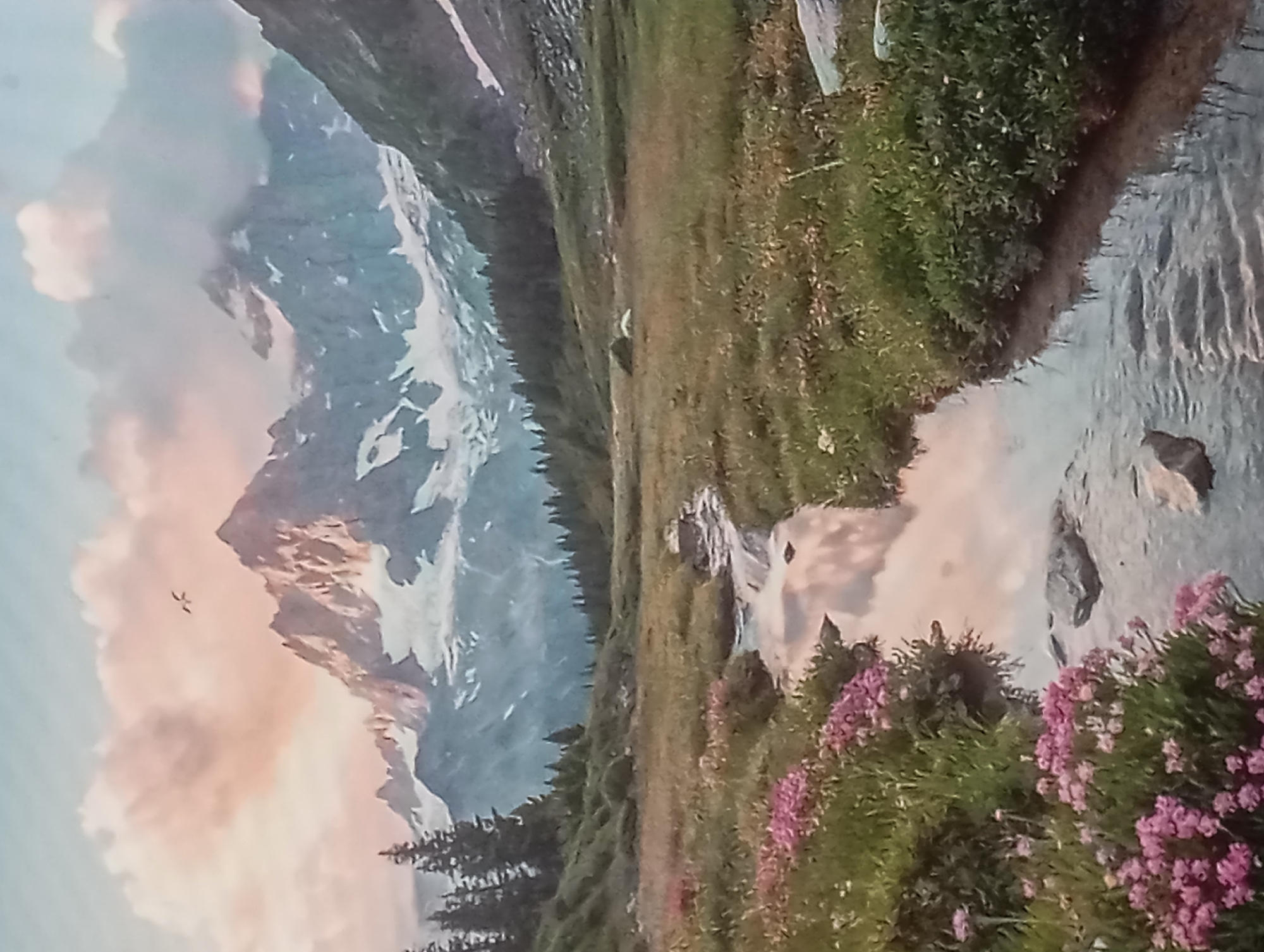 The image shows a landscape scene with a large mountain range dominating the left side, partially obscured by pinkish clouds. A body of water, likely a stream or river, runs along the right side of the image. Green vegetation, including flowering plants with pink blooms, is visible along the water's edge. Coniferous trees are also present at the base of the mountain. A single bird is visible in the sky. The image does not provide sufficient details to confirm the location. The city of Karaganda, Kazakhstan is not depicted in the image.