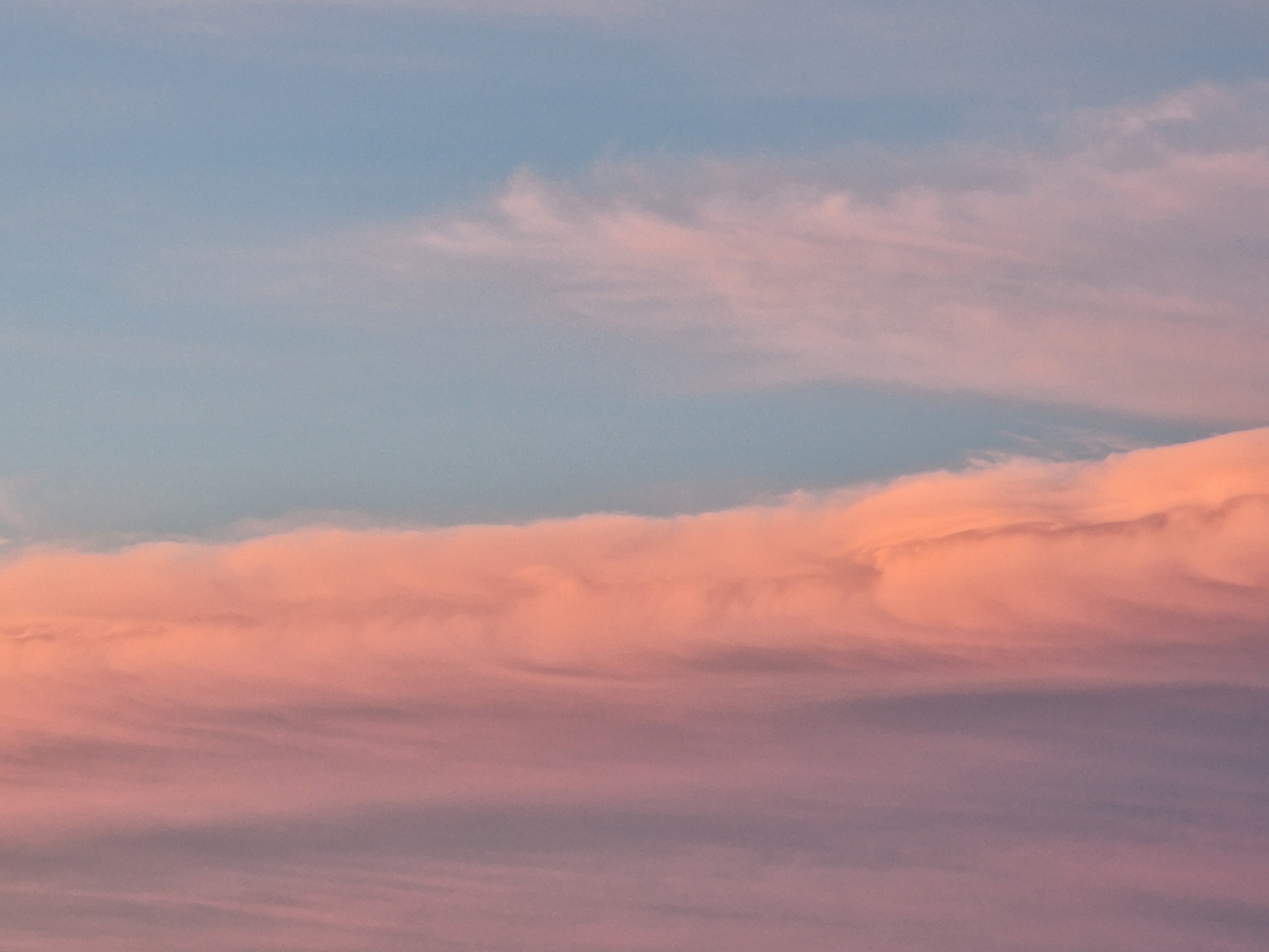 The image depicts a sky filled with clouds displaying hues of pink, orange, and pale blue, suggestive of a sunset or sunrise. The clouds are layered, with a prominent band of vibrant pink and orange clouds occupying the middle and lower portions of the frame. Finer, wispy clouds with a lighter pinkish tint are visible in the upper part of the sky, against a backdrop of pale blue. The scene appears to be an outdoor, natural environment, likely an open sky view. No people, specific landmarks, or structures are visible. The image is a photograph of the sky.