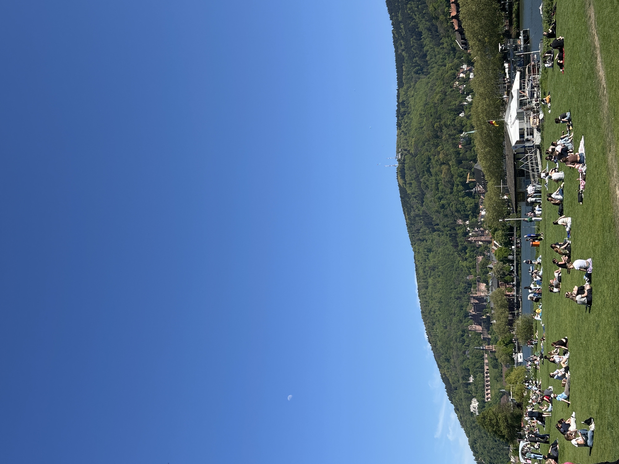 The image shows a bright blue sky with a crescent moon in the lower left. The right side of the image features a green hillside densely covered with trees and buildings. A grassy area in the foreground has numerous people lounging and walking, indicating a recreational space. The presence of buildings among the trees suggests an urban or suburban area abutting a natural landscape. The scene suggests a park or public space in a location with a mix of natural and built environments.