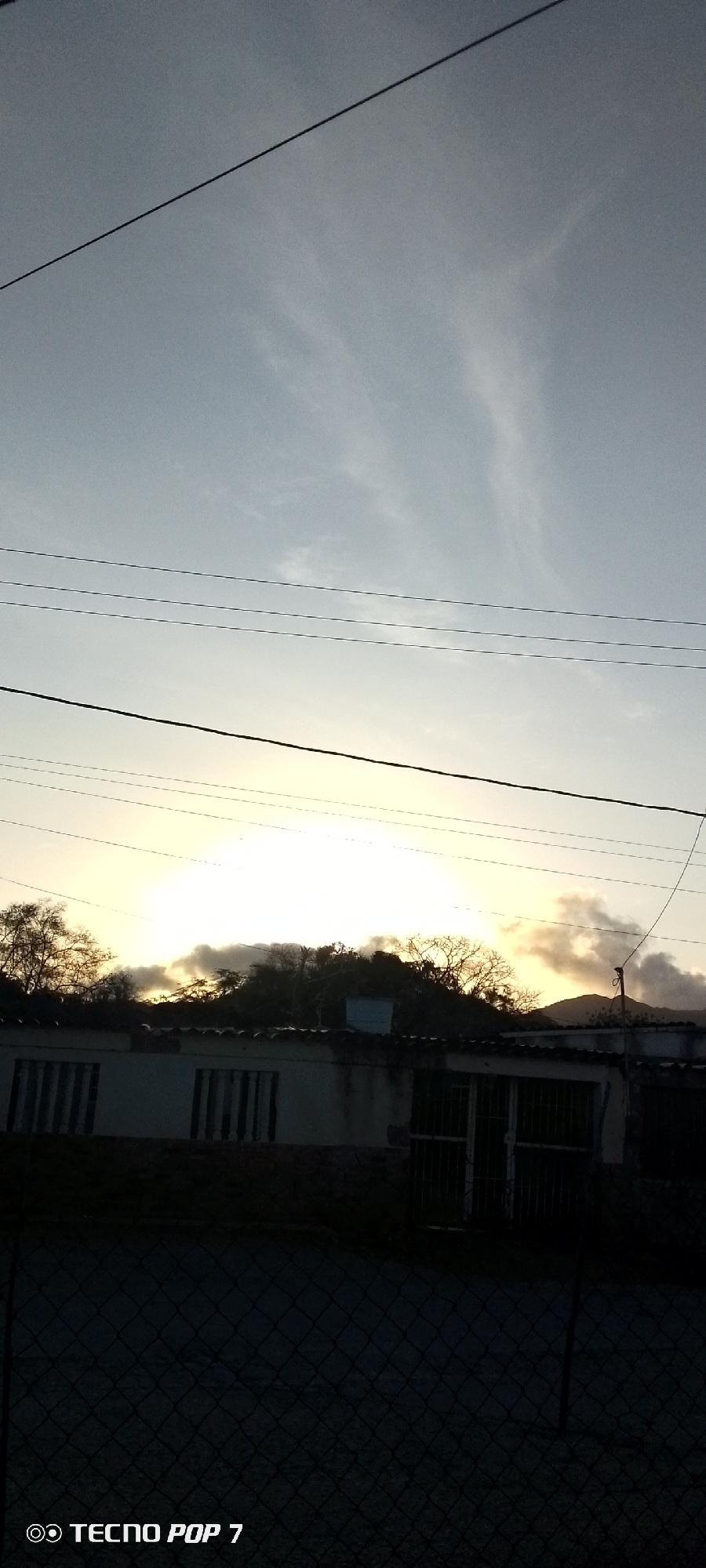 The image depicts a sunrise or sunset over a landscape, likely in Altagracia, Venezuela. A brilliant, low sun on the horizon bathes the scene in a warm, intense yellow light, creating strong silhouettes. The sky above is a light blue-grey, featuring delicate, wispy clouds. Several dark electrical or utility wires stretch horizontally across the upper and middle portions of the sky.
In the mid-ground, the dark, silhouetted outlines of hills or mountains are visible, topped with dense, apparently bare trees and vegetation. Below these natural features, sections of weathered, low-rise buildings with dark, shadowed windows—some with security bars—are discernible. One building shows a small, light blue box-like structure on its roof.
The immediate foreground is dominated by a dark chain-link fence, which partially obscures the lower part of the scene. There are no people visible in the image. The strong backlighting and the low position of the sun indicate either dawn or dusk, creating a serene and quiet atmosphere. In the bottom left corner of the image, the text "TECNO POP 7" is visible, accompanied by a camera icon, identifying the device used to capture the photo.