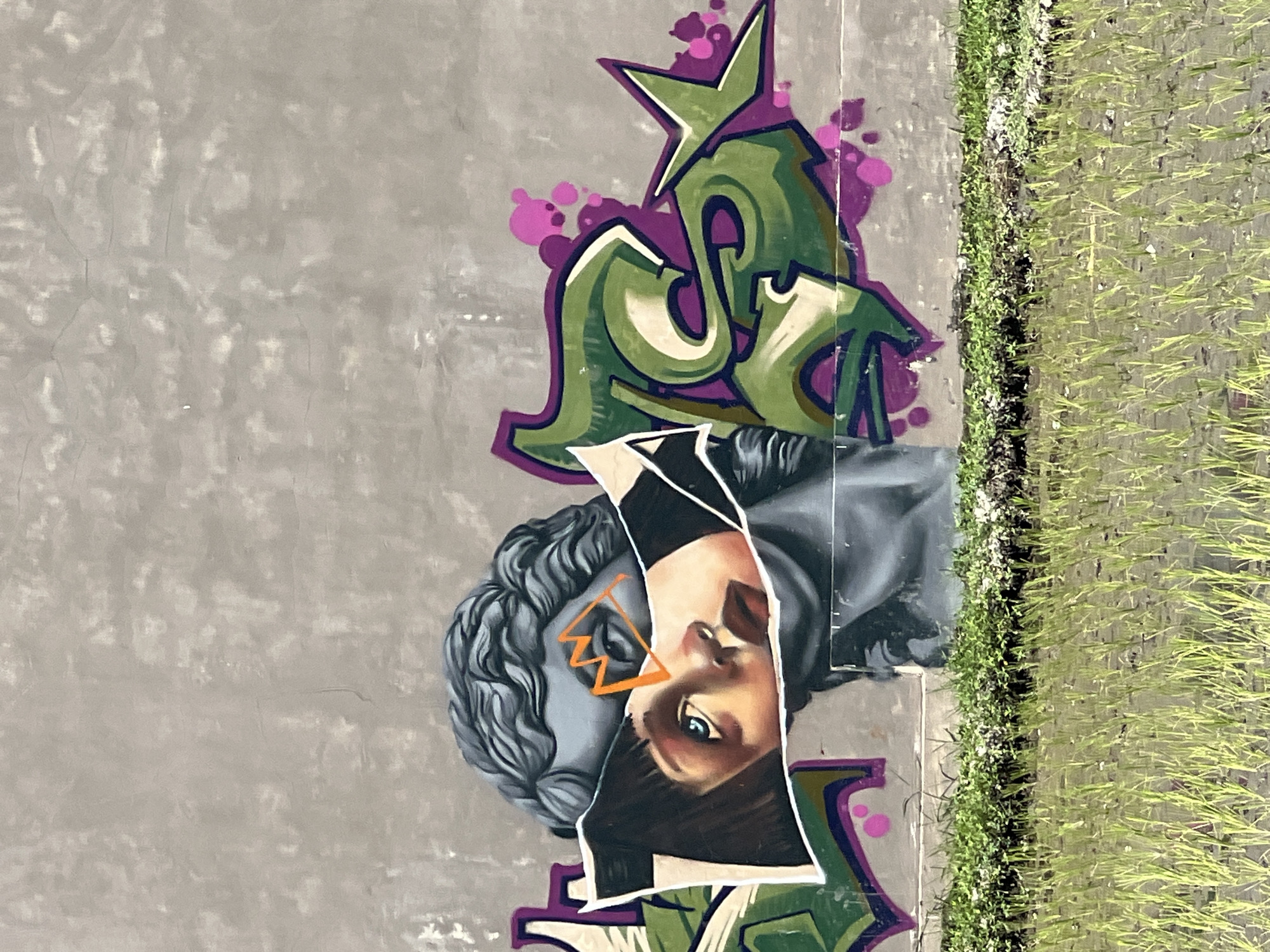 A graffiti artwork on a concrete wall depicts a fragmented statue's head with an overlay of a young woman's face. The statue's head is rendered in grayscale, with wavy hair and an orange zig-zag pattern across its forehead and eye. A portion of the statue is covered by a torn piece of paper or canvas, revealing a realistic painting of a young woman's face with striking blue eyes and dark hair. To the right of the portrait, a stylized green graffiti letter, possibly an 'S', with purple outlines and pink splotches, dominates the wall. Below the wall, a field of young green rice stalks is submerged in shallow water, indicating a rural or agricultural setting. This scene is located in Sukawati, Indonesia.