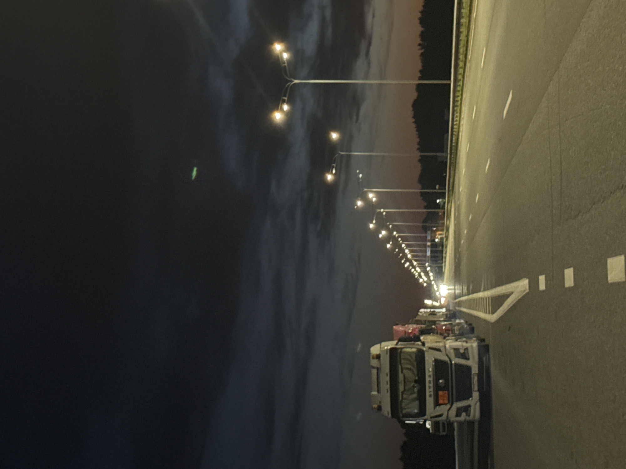 The image depicts a highway at dusk with a line of parked trucks on the left side of the road. The sky is dark blue with some clouds. Streetlights are illuminating the highway. The trucks appear to be stopped, possibly due to an overnight rest or traffic. The environment suggests a rural or semi-rural setting, as indicated by the dark trees lining the horizon. The image is taken at ground level, facing forward along the highway. No people are visible in the image. There is a small, bright green object in the upper right portion of the sky, the nature of which is unclear. The location is not specified as Alexeyevskoye, Russia.