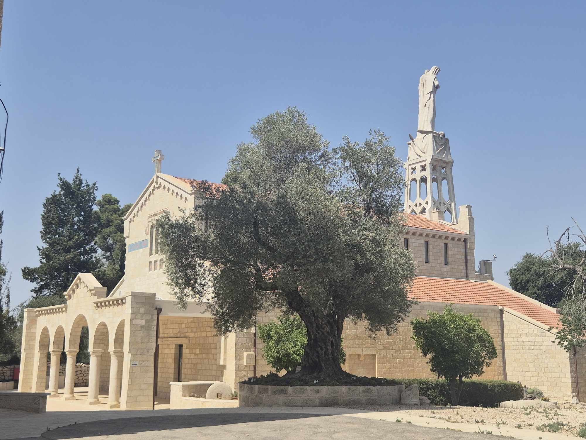 The image shows a stone church building with an orange tiled roof, located in Abu Gosh, Israel. In front of the church, there is a large, mature olive tree with a thick, gnarled trunk, planted in a circular stone planter. Behind the olive tree, a smaller green tree is visible. The church has an arched colonnade on its left side. To the right of the church, a tall, ornate bell tower topped with a statue of a person is prominent. The sky is clear and blue. The ground in front of the building is paved, with some gravel and dry vegetation. The architecture suggests a religious or historical site.