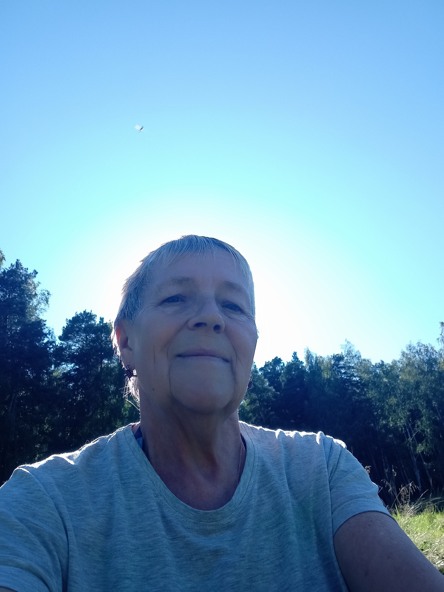 A selfie taken outdoors in Degtyarsk, Russia, shows an elderly woman with short, gray hair and fair skin. She is wearing a light gray t-shirt. The background consists of a clear blue sky with the sun peeking from behind trees on the horizon. A faint object, possibly a balloon or a distant bird, is visible in the sky. The woman is smiling subtly and looking directly at the camera. The lighting suggests it is daytime, possibly late afternoon given the sun's position. The environment appears to be a grassy area with a line of trees in the distance.