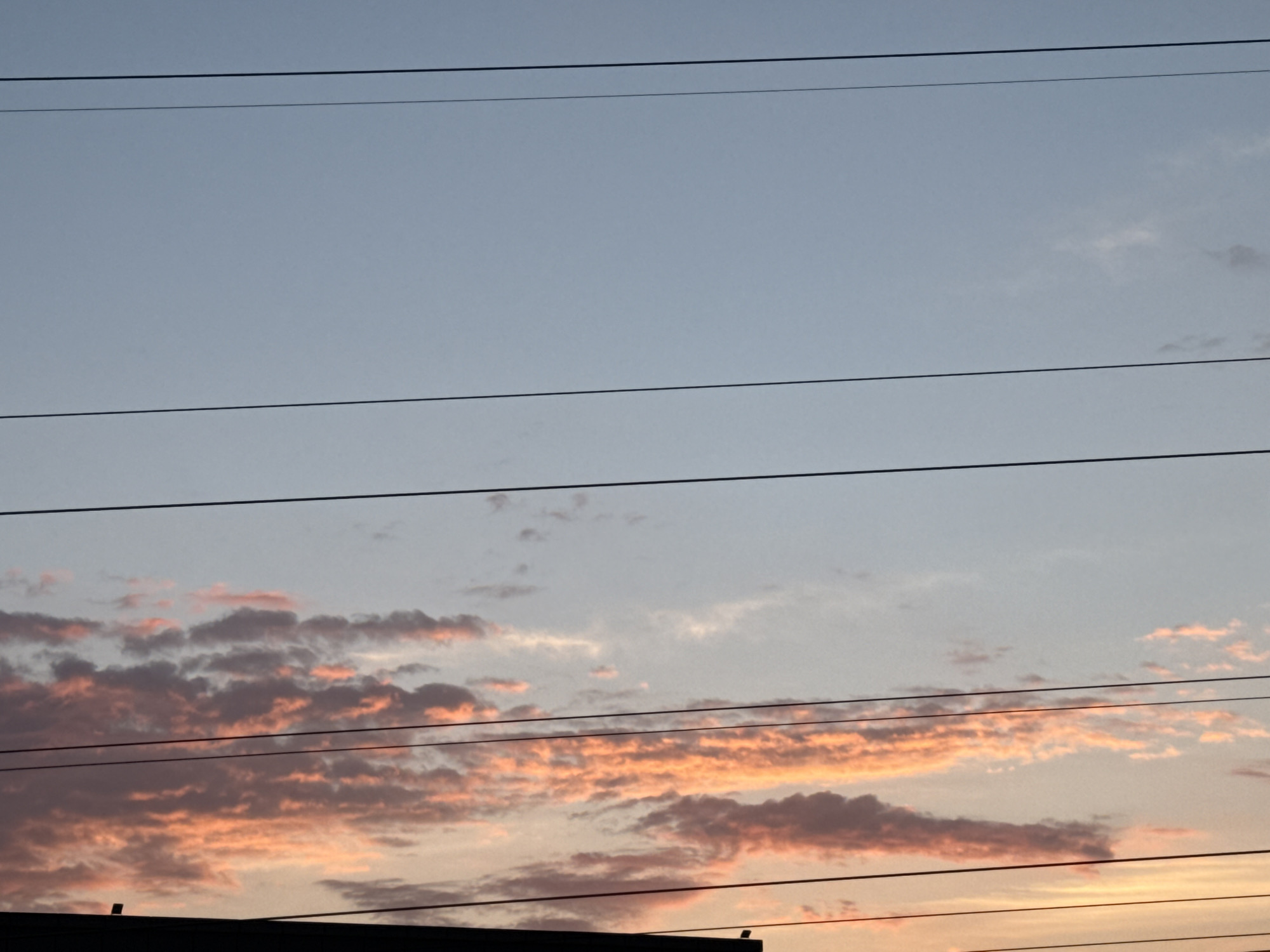 The image captures a serene view of a sky during what appears to be either sunrise or sunset, with prominent power lines crossing the frame. The upper portion of the sky is a soft, pale blue-grey, transitioning downwards into warmer hues. Approximately halfway down the image, numerous clouds are visible, illuminated by the low-lying sun. These clouds exhibit striking shades of orange and pink, contrasting with their darker, shadowed undersides and the lighter sky around them.
Several dark, taut power lines stretch horizontally across the entire width of the image at varying heights. There are five distinct lines clearly visible, creating strong horizontal elements against the dynamic sky. At the very bottom of the frame, a dark, indistinct silhouette of a building or rooftop is visible, providing a ground reference and suggesting an urban or suburban setting. There are no people, specific activities, or visible text in the image. The overall mood is peaceful, highlighting the natural beauty of the sky alongside man-made infrastructure in Puebla, Mexico.