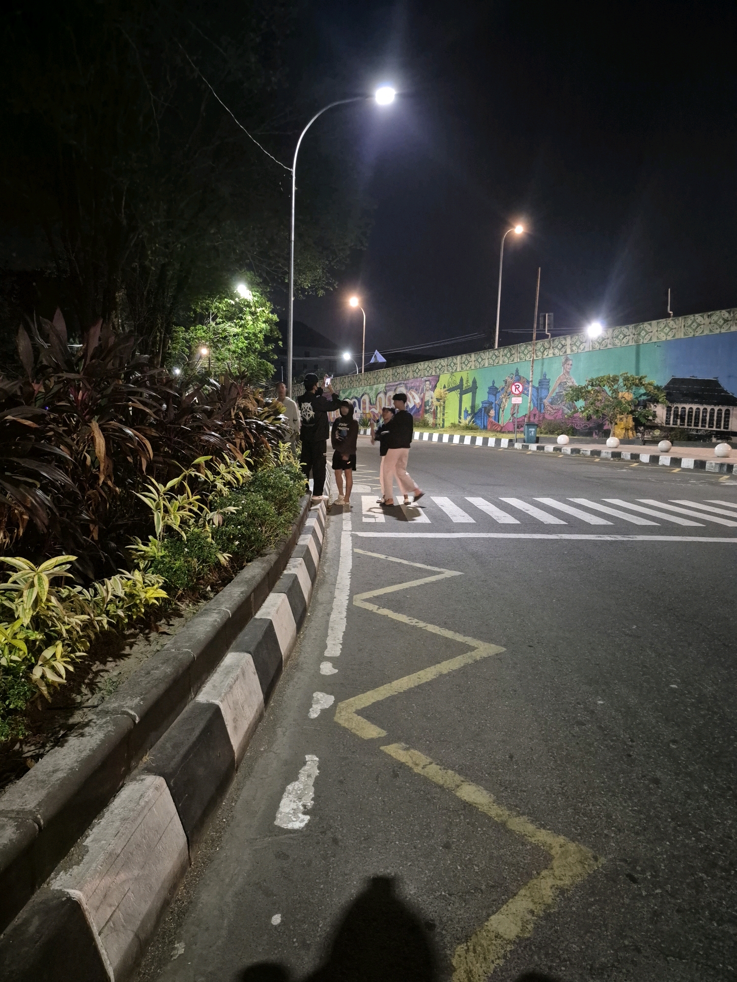 At night on a street in Surakarta, Indonesia, a group of four individuals stand on the side of the road near a crosswalk. The street is illuminated by streetlights, casting a warm glow on the scene. The road surface is asphalt with white and yellow markings, including a pedestrian crossing. To the left of the road is a sidewalk with a concrete curb and a lush green garden featuring large, dark-leafed plants and smaller, lighter-colored plants. Behind the garden, trees with dark foliage are visible. A brightly colored mural adorns a wall in the background, depicting various figures and architectural elements. One individual in the group is holding up a phone, possibly taking a picture. The other three are standing and looking in the same direction. The overall atmosphere is calm and quiet, with no visible signs of distress or danger.