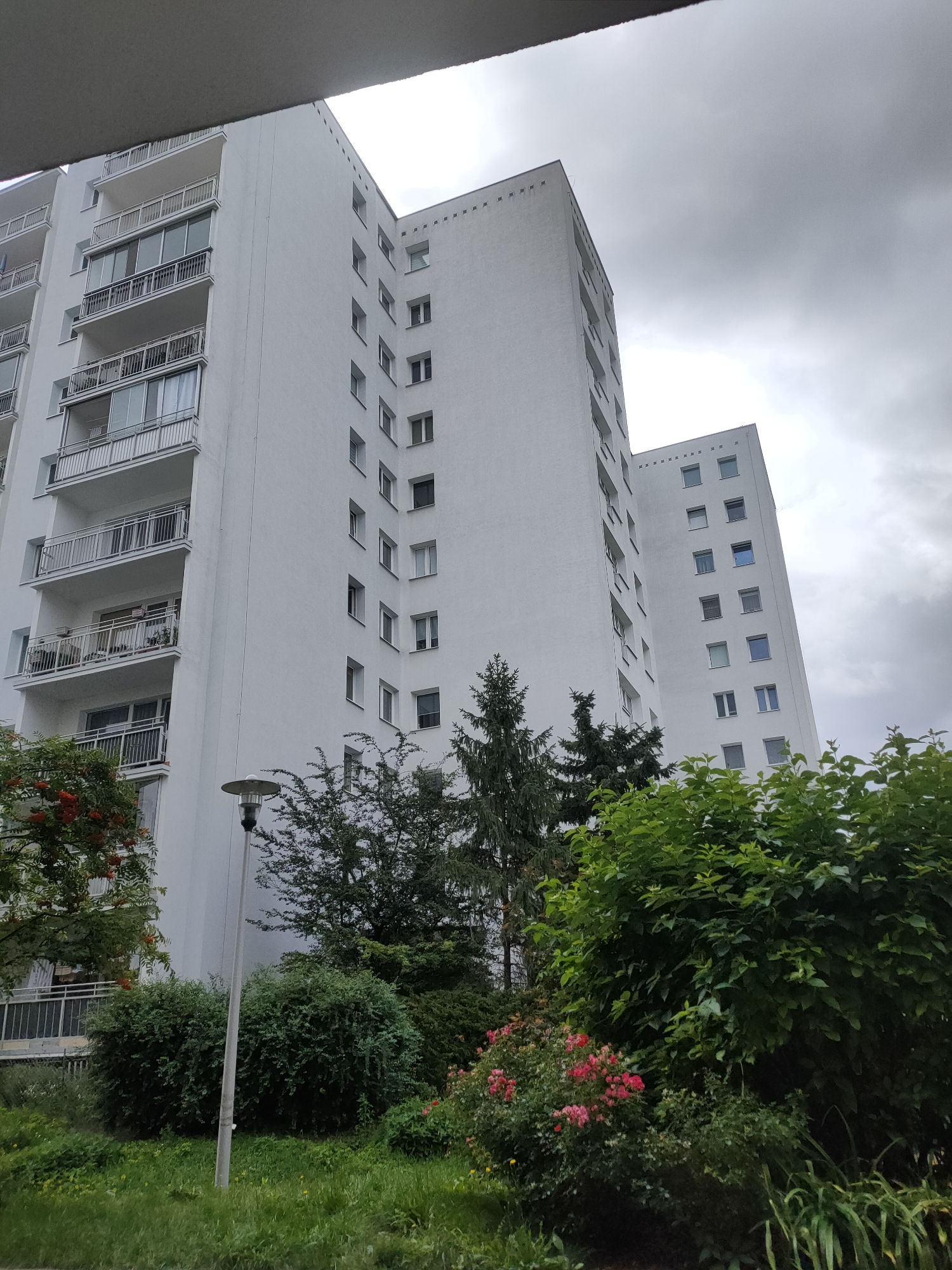 The image depicts the exterior of residential buildings in Warsaw, Poland. In the foreground, lush green bushes and flowering plants, including pink roses, are visible. A single, grey lamppost stands prominently in the grassy area. Behind the greenery, several white apartment buildings rise, characterized by their numerous balconies with metal railings and rows of windows. The sky above is overcast and grey, suggesting a cloudy day. The architecture appears to be typical of post-war residential blocks found in many Polish cities.