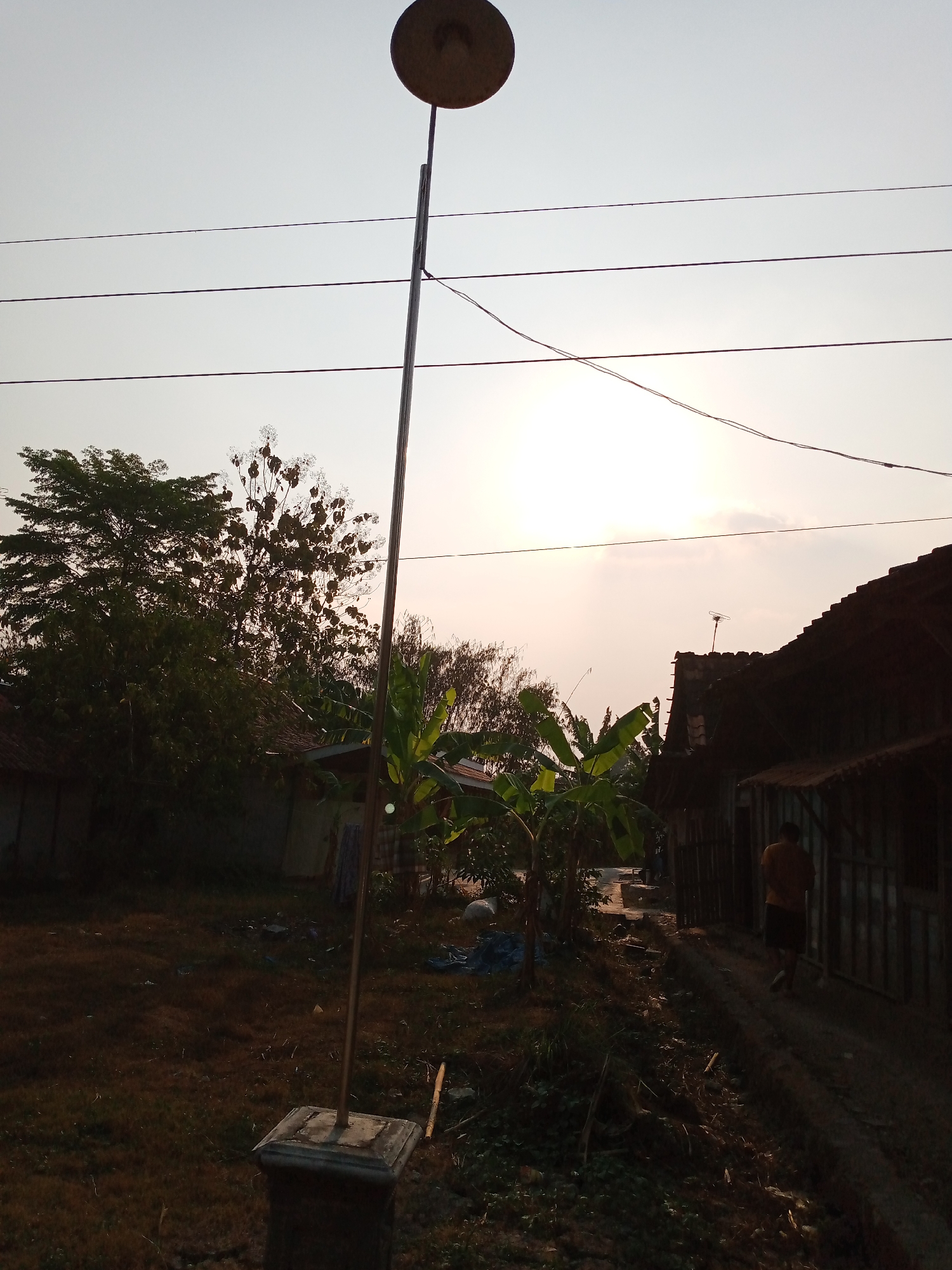 The image depicts an outdoor scene at dusk, possibly in the city of Rowobungkul, Indonesia. A tall, slender lamppost stands prominently in the foreground, its conical lamp shade a dark silhouette against the pale sky. The lamppost is mounted on a square concrete base. In the mid-ground, a pathway winds between a lush banana tree to the left and the dark, weathered exterior of a building to the right. A lone individual, seen from behind and wearing a yellow shirt and dark shorts, walks away from the camera down the pathway, towards the building. The building appears to be a modest structure with a pitched, tiled roof and wooden walls. Beyond the immediate buildings, a dense cluster of trees, one with a rounded canopy and the other with lighter, feathery foliage, creates a dark backdrop. Power lines crisscross the sky, and the sun is low on the horizon, casting a soft, hazy light. The ground is covered with dry grass and scattered debris.