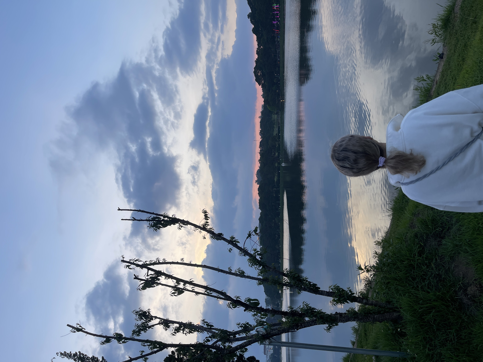 A vertical landscape photograph depicts a lake at sunset in Da Lat, Vietnam. In the foreground, the back of a person wearing a white hoodie stands on a grassy bank, looking out over the water. The water reflects the sky and surrounding foliage. A thin strip of land dense with trees is visible across the lake. The sky features a gradient of blue and grey clouds with hints of orange from the setting sun. A tree with sparse leaves is in the lower left corner of the frame. A distant city is faintly visible near the bottom of the frame.