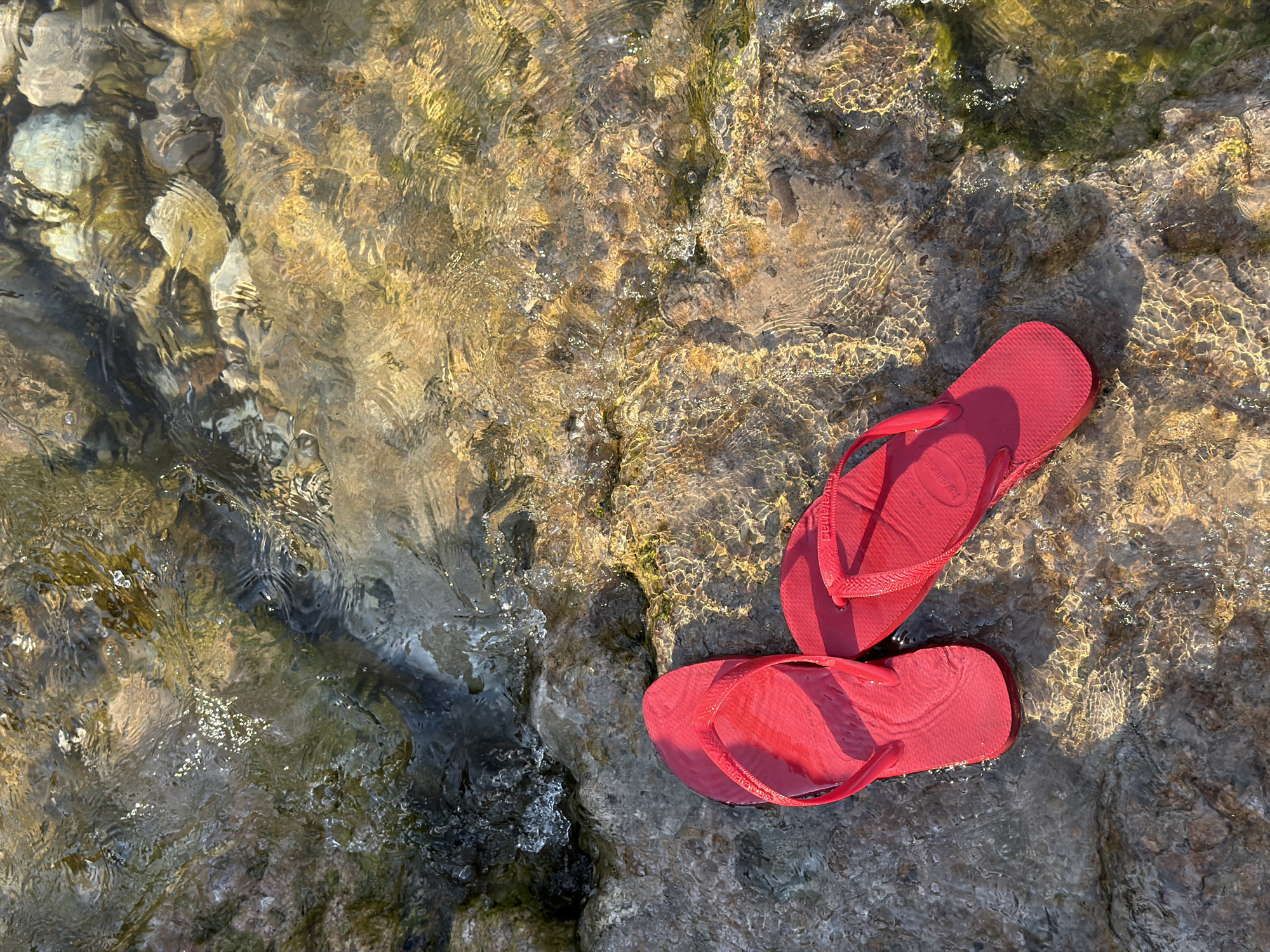 A pair of bright red flip-flops rests on a rock in a shallow, clear stream in Mostar, Bosnia and Herzegovina. The water flows over the rocks, creating ripples and reflecting the sunlight. The rocks are a mix of earthy tones, with some areas appearing darker and wet, while others are lighter and drier. The water itself is clear enough to see the submerged rocks beneath the surface, which are colored with hues of brown, green, and grey. The overall scene suggests a natural, outdoor setting, likely a riverbed or a shallow section of a larger body of water, where one might relax or take a break.