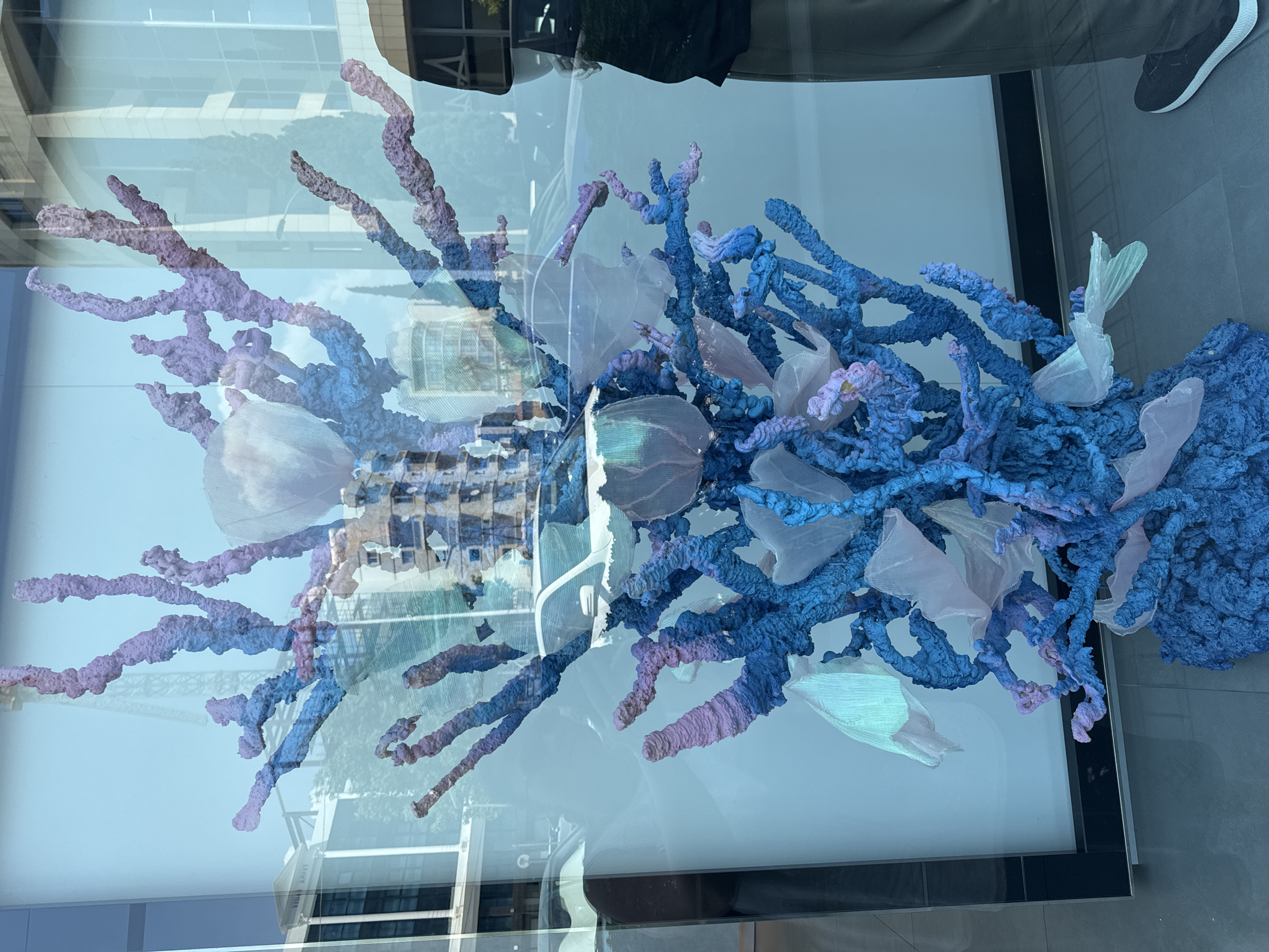 An art installation resembling a coral structure, painted in vibrant blue and lavender hues, is displayed behind a glass window. The sculpture is adorned with translucent fabric elements in pale pink and light blue, adding a delicate, ethereal quality. Reflections of the surrounding urban environment are visible on the glass, including buildings, trees, a construction crane, and a white car. A person's lower legs and feet, wearing dark pants and black sneakers, are visible on the right side of the frame, suggesting they are looking at the display. The flooring inside appears to be tiled in a dark gray. This artwork is situated on a street in Limassol, Cyprus, likely within a commercial or public space given the storefront-like window and urban backdrop.