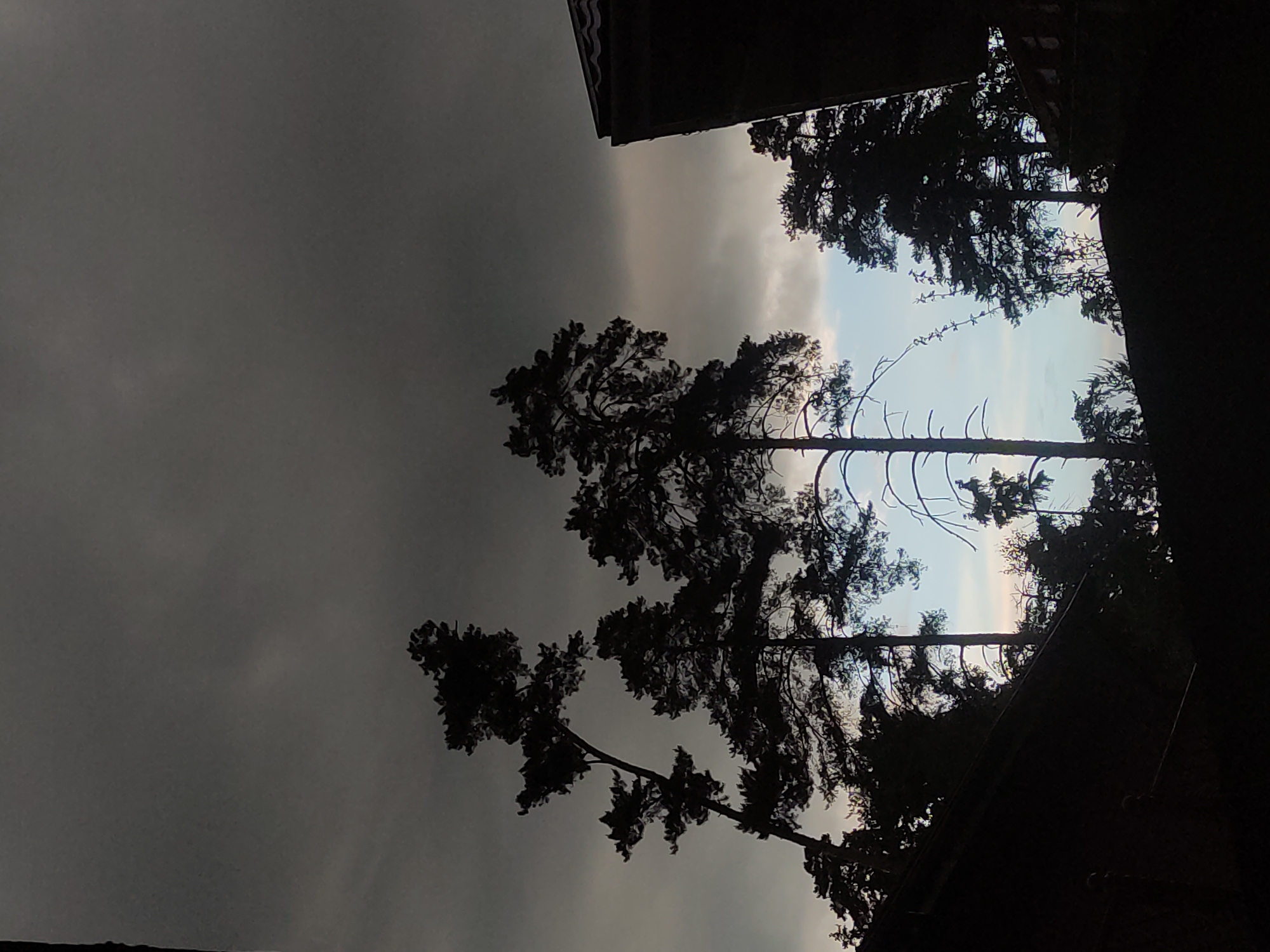The image shows a view upwards towards a sky with heavy, dark clouds. Patches of lighter sky are visible amidst the dark clouds, hinting at a possible clearing. Silhouetted trees are in the foreground, framing the sky and the buildings on top of the image. The angle of the shot suggests it was taken from ground level. The general impression is dark and overcast. The location in the city of Kratovo, Russia is not determinable from the visual information provided.