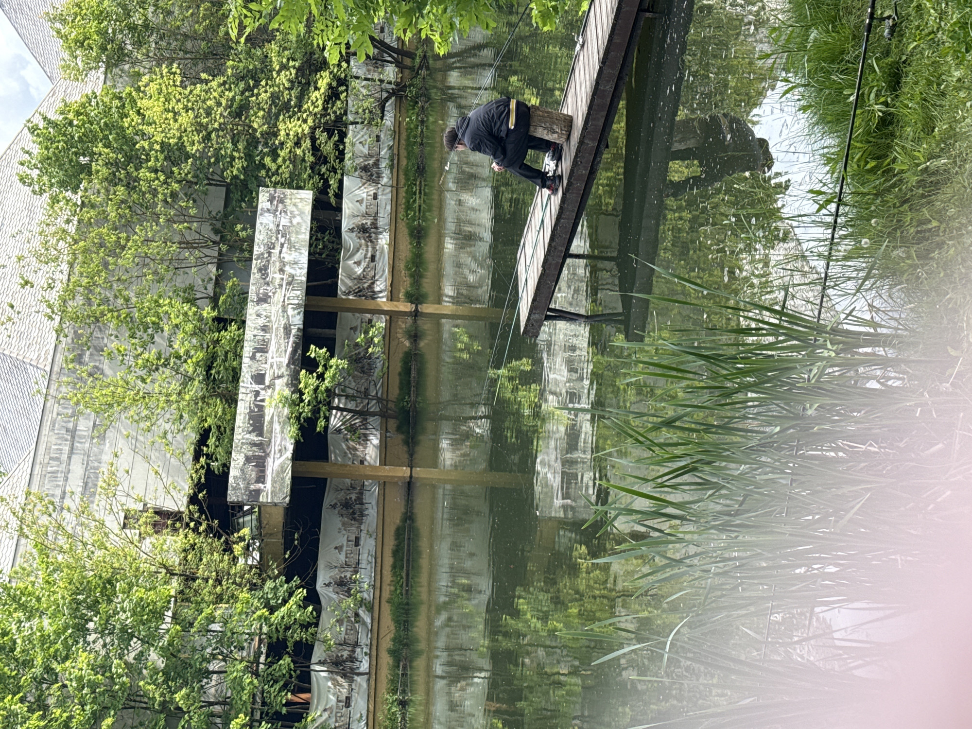 A man is fishing off a wooden footbridge in Moscow, Russia. The bridge extends diagonally into the water, from the upper right to the center of the frame. The man is sitting on a log-like object and appears to be focused on his fishing rod. Tall reeds and grasses are present in the right foreground. A structure, possibly part of a building or artwork, is visible on the left side of the frame, adorned with reflective panels. The background shows lush greenery, including trees and reflections in the water. A building is visible in the background on the left.