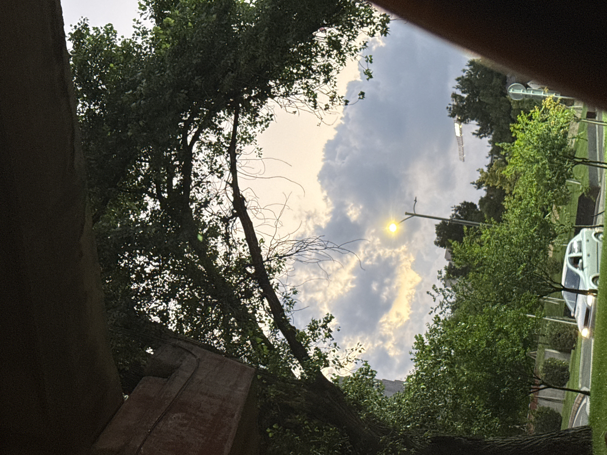 A low-angle, wide shot captures a cloudy sky peeking through the canopy of lush green trees. A large, dark overhang dominates the top of the frame. In the distance, a streetlamp with a bright yellow light shines, and a light-colored car drives on a road. A construction crane with illuminated elements is visible on the horizon amidst more trees. The scene appears to be an outdoor urban setting, possibly in Tbilisi, Georgia, given the presence of the car, streetlamp, and construction. The overall mood is serene, with the dynamic clouds contrasting with the stillness of the trees and the artificial lights.
