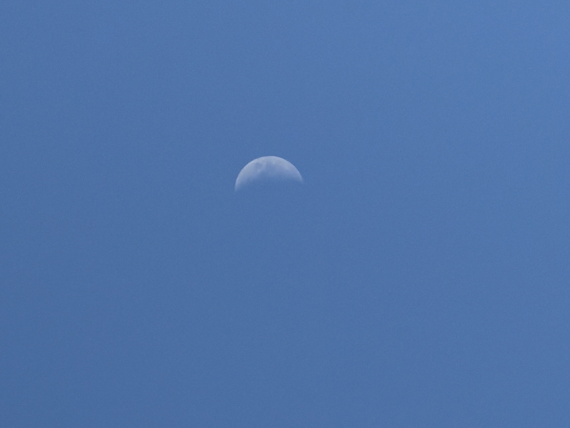 The image shows a crescent moon in a clear, pale blue sky. The moon is illuminated from the right, with its left side in shadow. The sky is a uniform color, with no clouds visible. The image is an outdoor shot, likely taken during the daytime or twilight hours. There are no people, objects, or buildings visible in the frame, and no specific location within the city of Solnechnogorsk, Russia can be determined from the image itself.