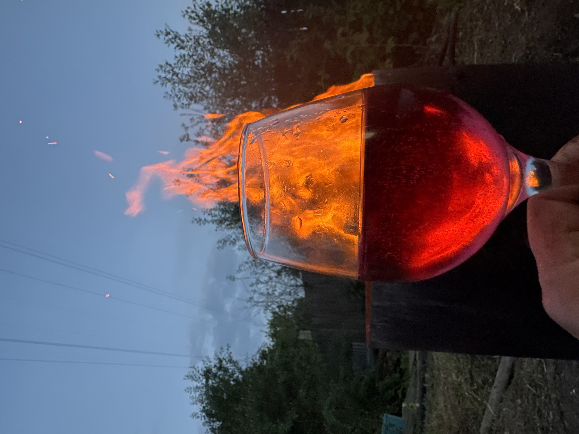 A person holds a glass of red liquid in the foreground, with a bonfire in the background. The fire is large and vibrant, with flames reaching upwards. Behind the fire, trees and a fence are visible. The sky is a dusky blue, with power lines stretching across it. The overall scene suggests an outdoor gathering or relaxation activity. The image was taken in Chaikovsky, Russia.