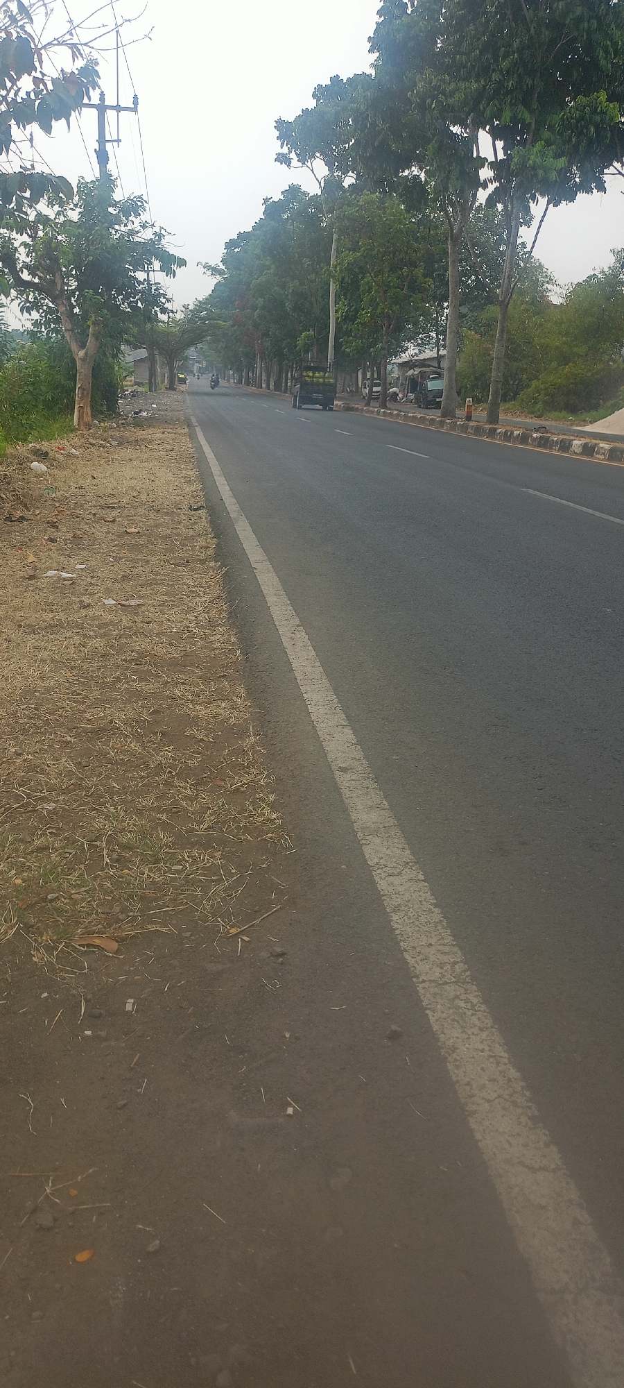 The image captures a road in Soreang, Indonesia, likely a rural or suburban area, with a paved asphalt surface and a white line marking the edge of the lane. The road is lined with trees on both sides, creating a natural canopy overhead. On the left side of the road, there is a dry, grassy embankment with scattered debris, including plastic waste. On the right side, the road continues with more trees and some small structures or stalls are visible in the distance. A truck is seen on the right side of the road, loaded with what appear to be coconuts. Several motorcycles are also present on the road, indicating traffic. The sky is overcast, suggesting a cloudy day. The overall impression is that of a typical road scene in a developing country, with a mix of natural elements and human activity.