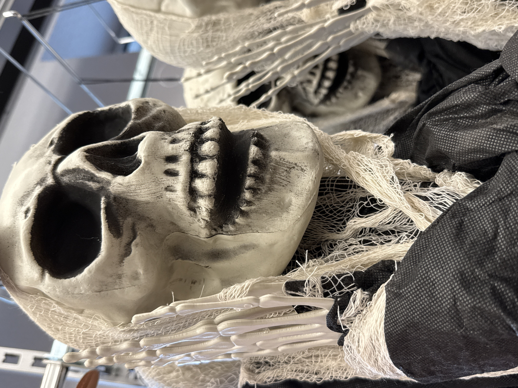 This is a close-up, eye-level, slightly angled shot of two Halloween skeleton props. The primary prop in the foreground is a light-colored skull with dark, hollow eye sockets and a gaping mouth filled with teeth. It is draped in tattered, off-white gauze-like fabric. One skeletal hand, also light-colored and made of plastic, is positioned to the left of the skull, resting against it. The skeleton is wearing a black garment underneath the gauze.
Behind the primary prop and slightly out of focus is another skeleton. Its skull, partially obscured by gauze, also appears light-colored with dark eye sockets and a visible mouth with teeth. This secondary skeleton is also draped in similar tattered fabric. The background is blurred but suggests an indoor environment, possibly a retail setting, with metal shelving and hooks visible. There are no people present. The scene is static and appears to be a display.
The scene is located at the REWE store at Hauptstraße 50, 37431 Bad Lauterberg im Harz, Germany, where these Halloween decorations were observed.