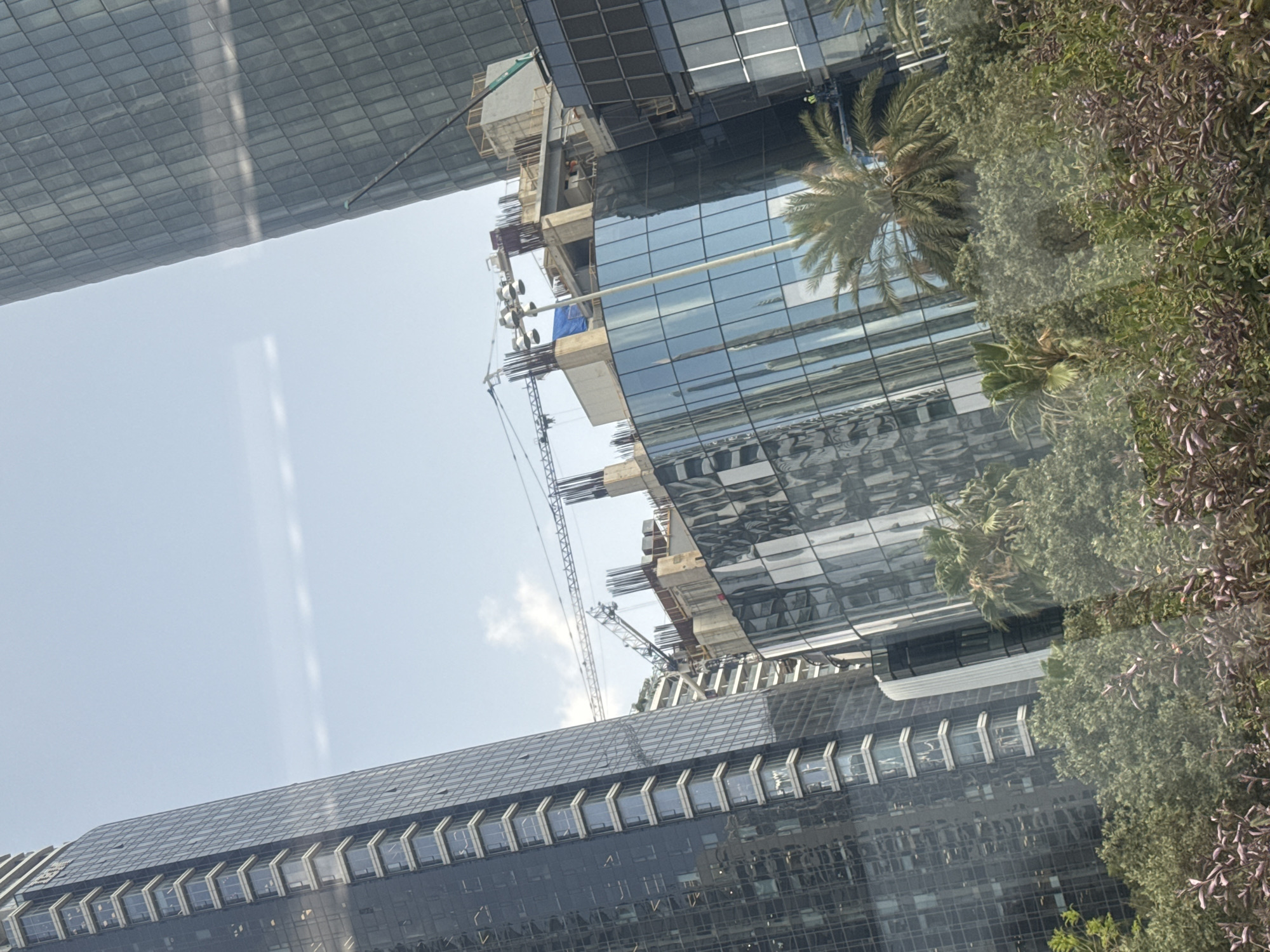 The image presents a view of modern architecture in Tel Aviv, Israel. The scene includes several tall buildings with glass facades, some under construction. Cranes are visible, indicating ongoing construction activity. Lush greenery, including palm trees and other foliage, is interspersed among the buildings, suggesting an urban landscape integrating nature. The sky appears bright, indicating daylight. The reflections on the glass surfaces add to the complexity and depth of the image.