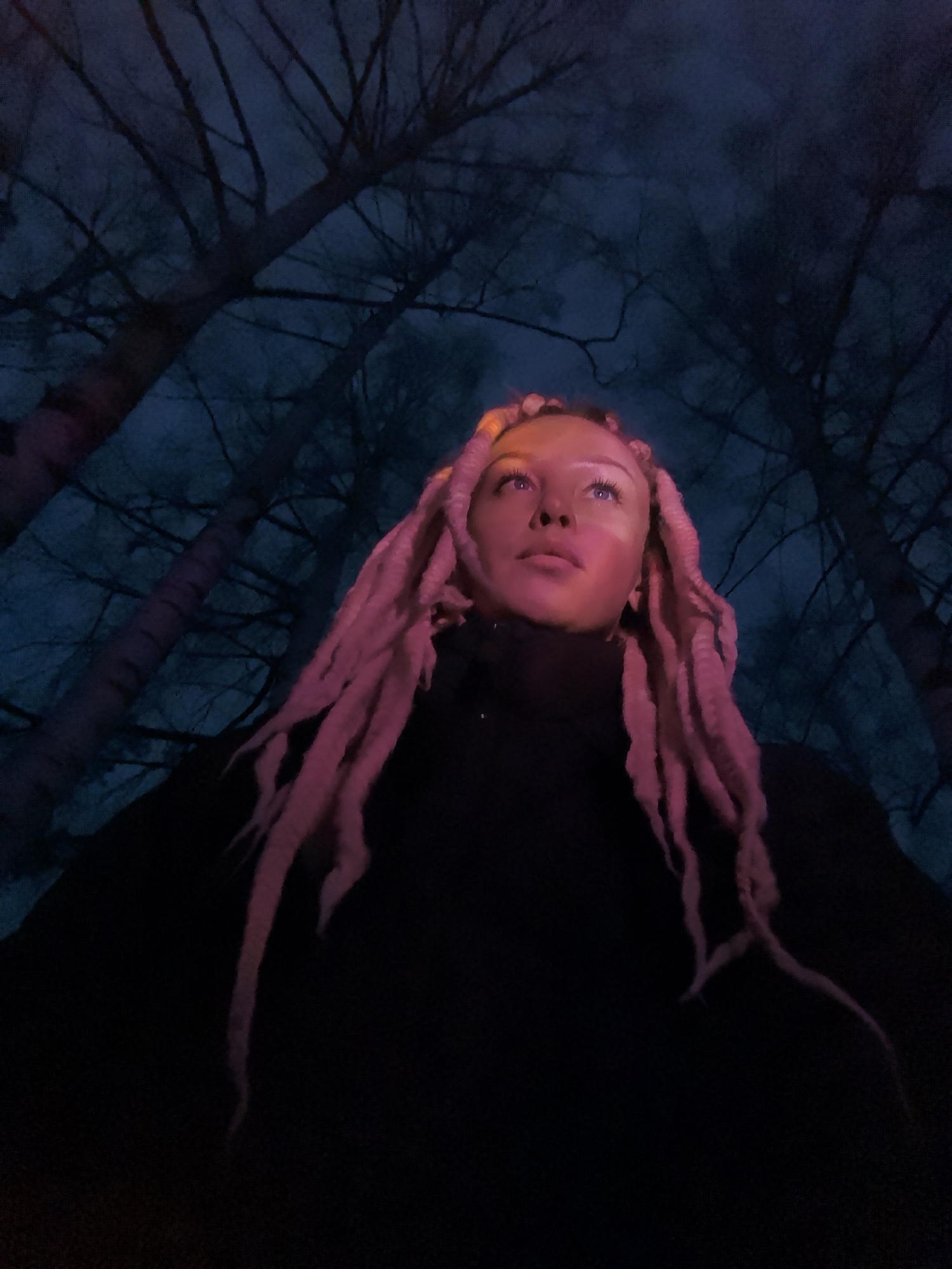 A low-angle shot captures a woman with pink dreadlocks against a backdrop of trees under a twilight sky. Her head is tilted upward, and her face is illuminated with a pinkish-red light. She is wearing a dark-colored, possibly black, turtleneck sweater. The trees are silhouetted against the darkening blue sky. No specific details confirm the location as Noviy, Russia. The scene primarily depicts a person in a wooded area.