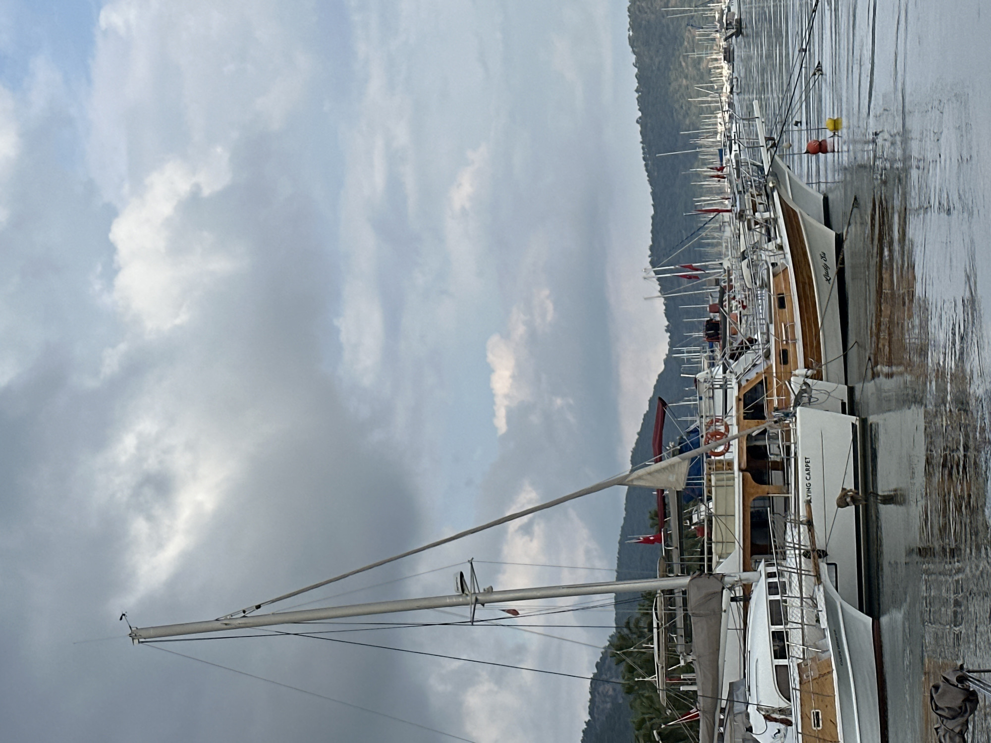 A marina scene in Fethiye, Turkey, features numerous boats moored along a pier. Dominating the foreground is a sailboat with a tall mast extending towards the sky, amidst a cloudy sky. The water surface reflects the sky and the boats, creating a mirrored effect. In the background, a hillside covered in trees provides a natural backdrop to the urban marina. The boats vary in size and design, suggesting a diverse fleet of vessels. No people are obviously visible in the primary image, but there might be one faint figure on one of the boats.