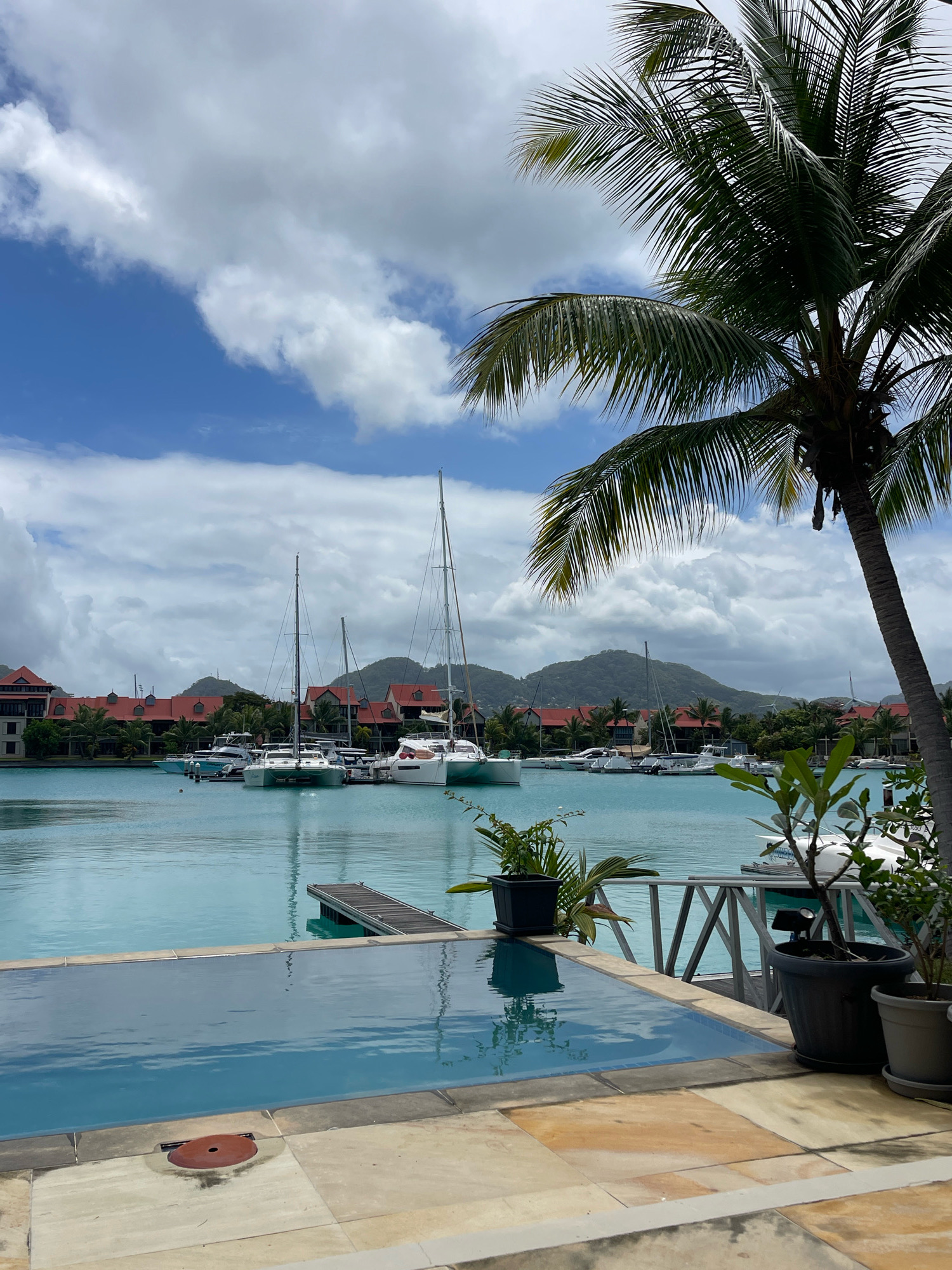 The image shows a serene waterfront scene, likely in the vicinity of Eden Island, Victoria, Seychelles. In the foreground, a pristine swimming pool with light blue water stretches horizontally, its edge framed by beige stone tiles. A circular, rusty metal drain cover is visible on the pool floor near the foreground. Beyond the pool, a body of turquoise water serves as a harbor. Several sailboats and yachts are docked on the water. The architecture of buildings with distinctive red-tiled roofs lines the opposite shore, interspersed with lush green palm trees. In the background, rolling green hills covered in vegetation rise against a sky filled with fluffy white clouds. A tall palm tree with dark green fronds dominates the right side of the frame, its trunk slightly angled. A small wooden dock extends into the water from the left side of the harbor. The overall atmosphere is tranquil and picturesque, characteristic of a tropical resort.