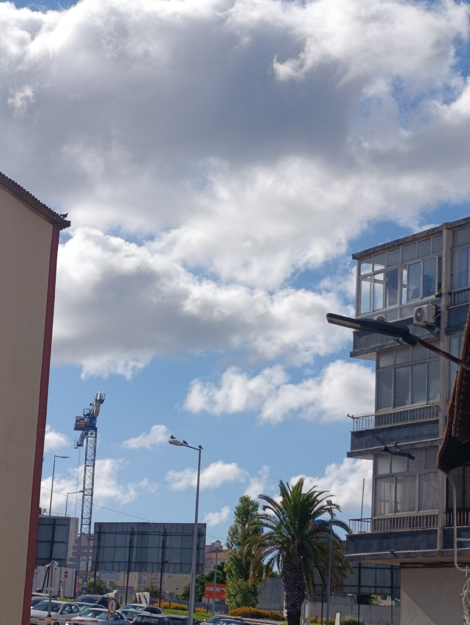 The image depicts a street scene in Setúbal, Portugal, under a sky filled with white, fluffy clouds. In the foreground on the left, a portion of a building with a beige facade and a red-trimmed roof is visible. To the right, a modern, multi-story building with large windows and balconies dominates the mid-ground. A street light extends horizontally from the building. Further back, a construction crane with a blue and yellow jib stands tall. Several cars are parked or driving on the street below. A palm tree is situated to the right of the crane, and other trees and buildings are visible in the background. Several street lights and traffic signs are also present.