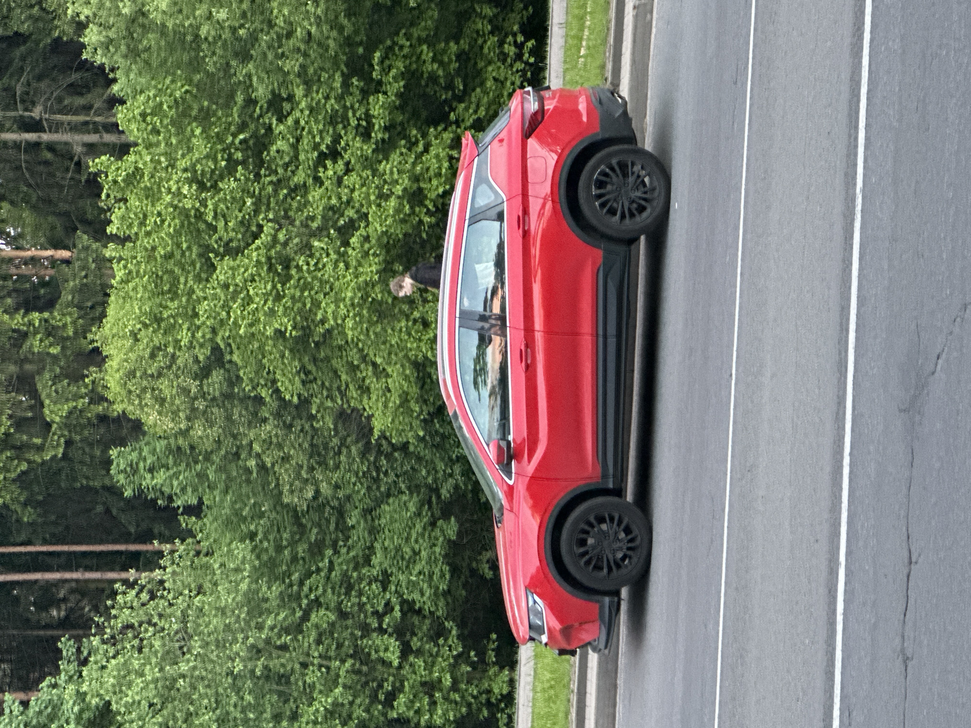 A medium-shot photograph depicts a red SUV, parked on the right side of a paved road in Minsk, Belarus, with a lush green forest bordering the left side of the frame. The vehicle, facing forward, is stationary with a person seen partially outside the driver's side window. The road is marked with white lines.