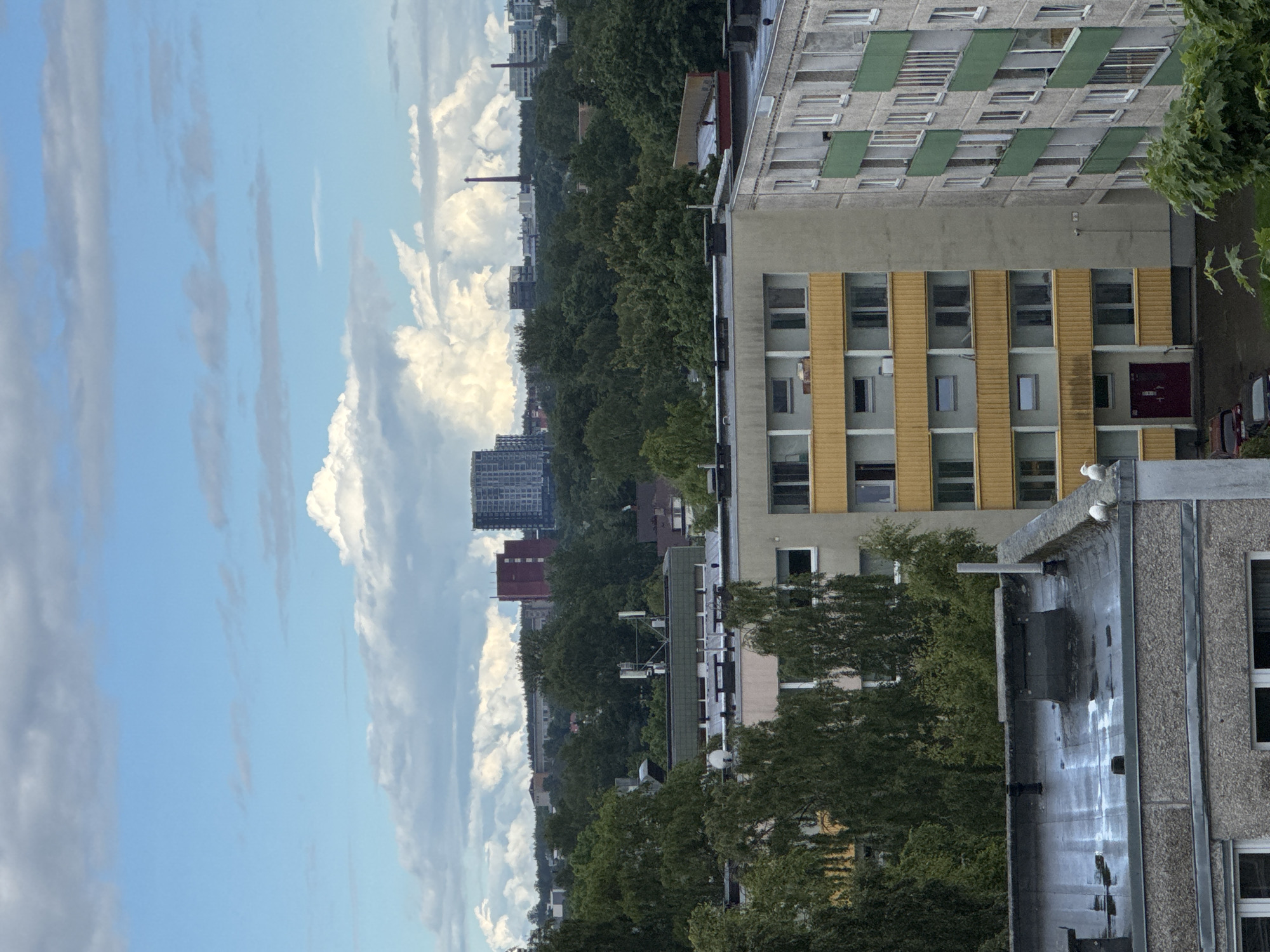The image captures a cityscape in Tallinn, Estonia, under a partly cloudy sky. In the foreground, the roofs of apartment buildings are visible, with some showing signs of moisture. One building features a textured grey facade, and another, a muted yellow one, displays rows of windows and balconies. To the right, a building with a grey facade and green balconies is prominent. A few birds are perched on the rooftop of the grey building in the foreground.
Further into the background, dense green trees form a natural barrier, partially obscuring other structures. Beyond the trees, several urban buildings can be seen, including a tall, red rectangular building and a dark, multi-story building with numerous windows. In the distance, industrial structures with smokestacks rise against the horizon, suggesting an industrial area. The sky is a mix of bright blue and large, white cumulus clouds, some of which are quite dramatic and voluminous. The overall impression is of a residential and mixed-use urban environment on a day with dynamic cloud formations.